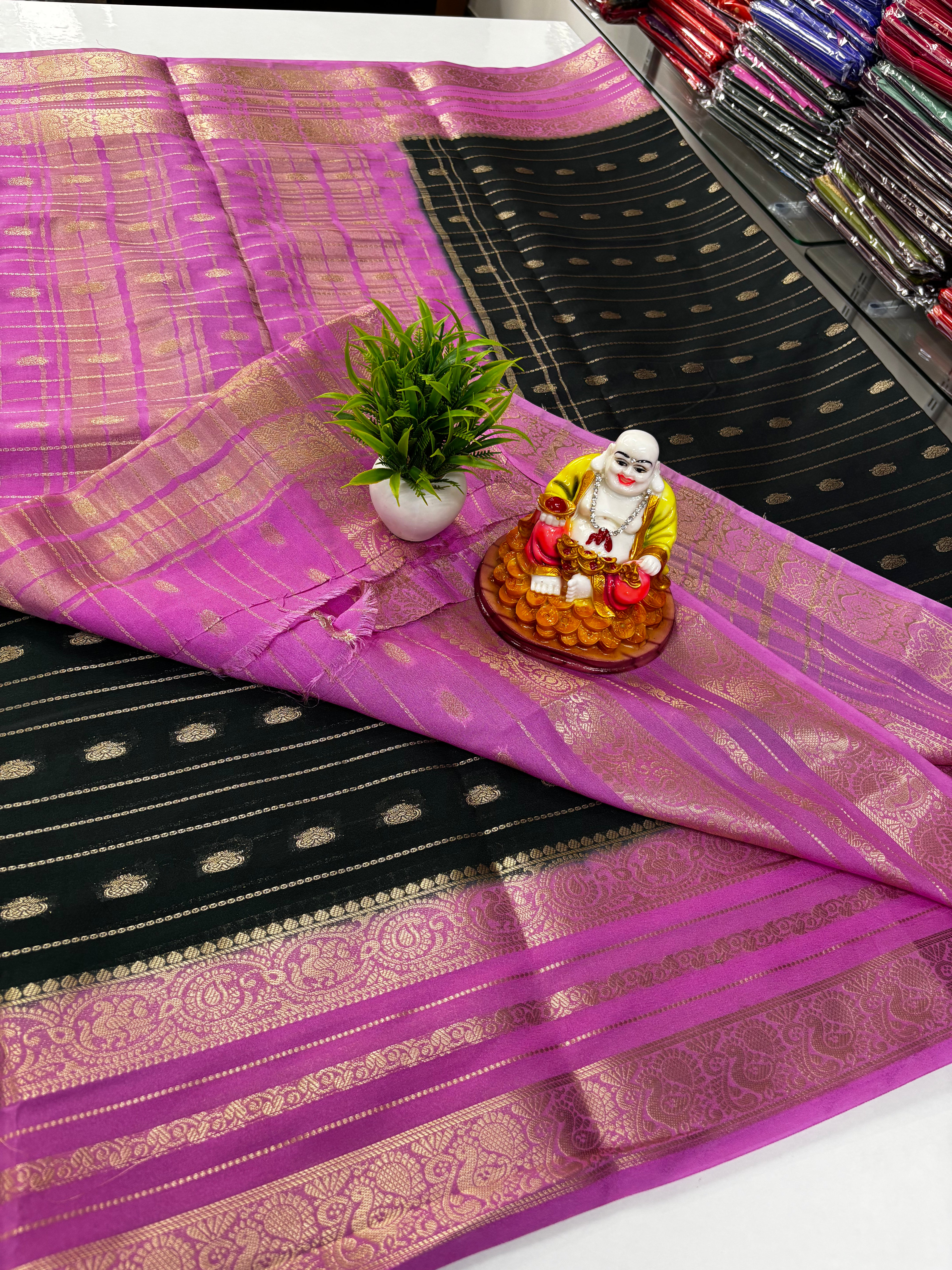 Mysore Crepe Silk Saree with Peacock Border