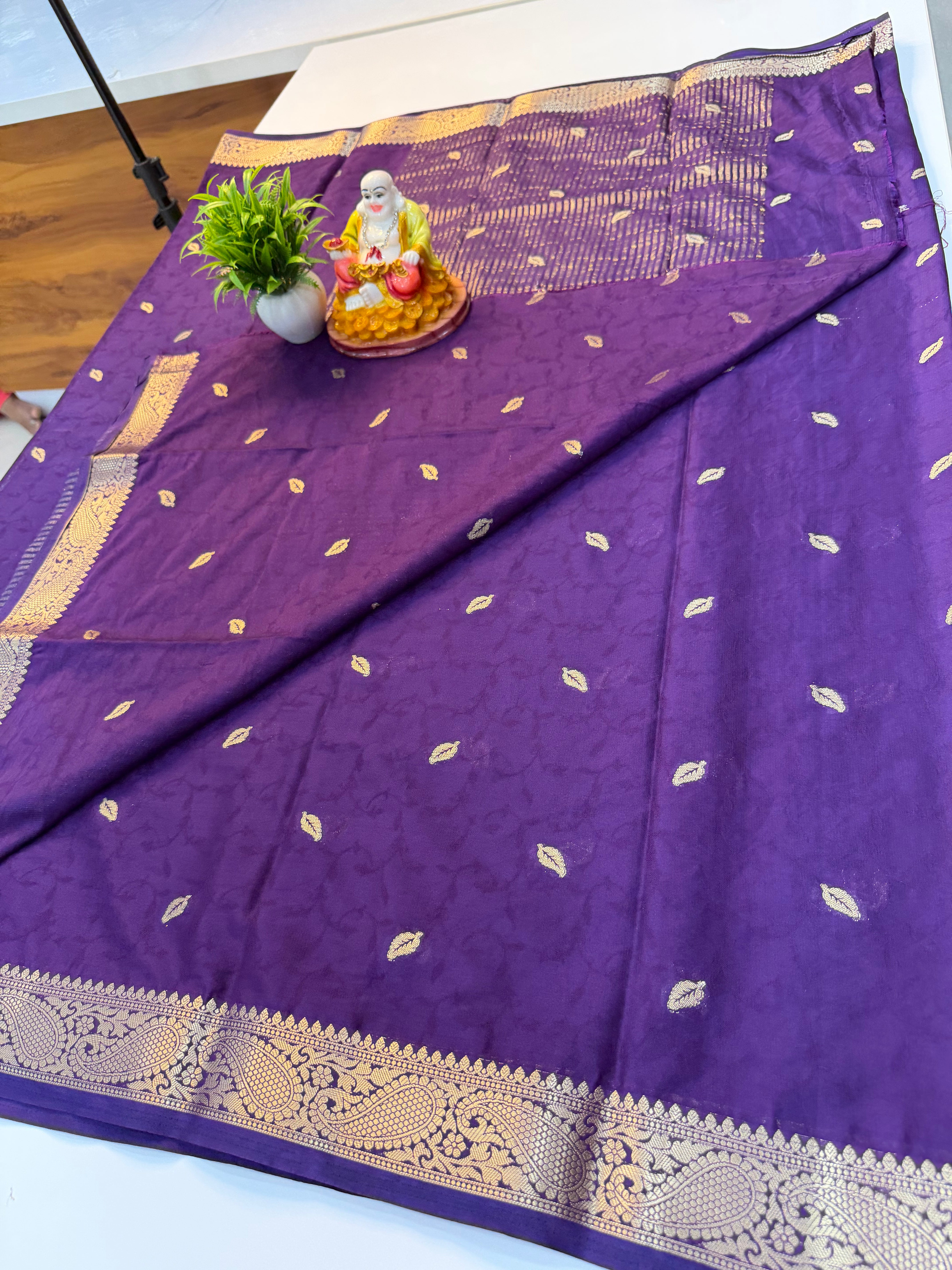 Mysore Crepe Silk Saree with Buttas & Golden Zari Rich Pallu