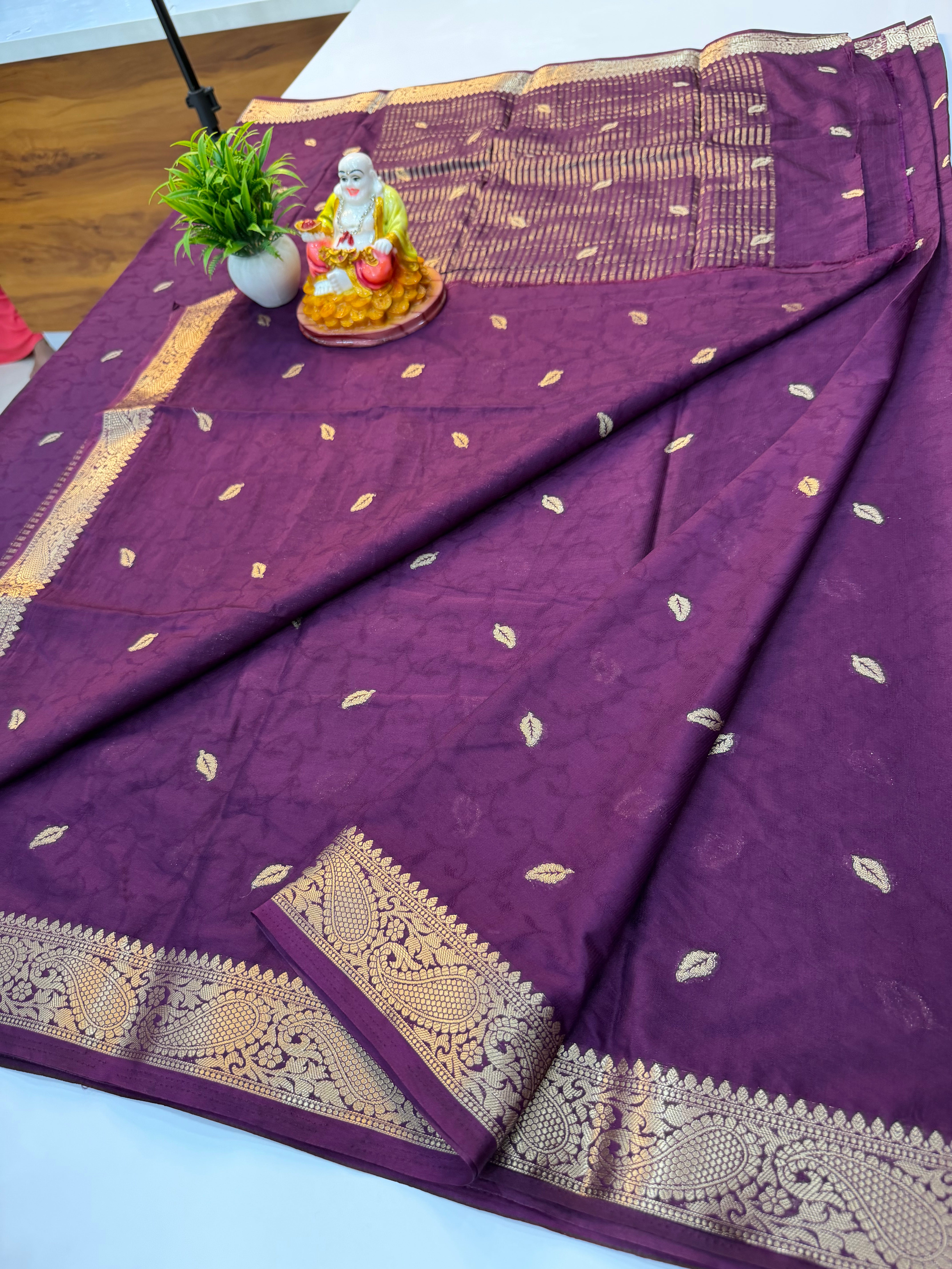 Mysore Crepe Silk Saree with Buttas & Golden Zari Rich Pallu