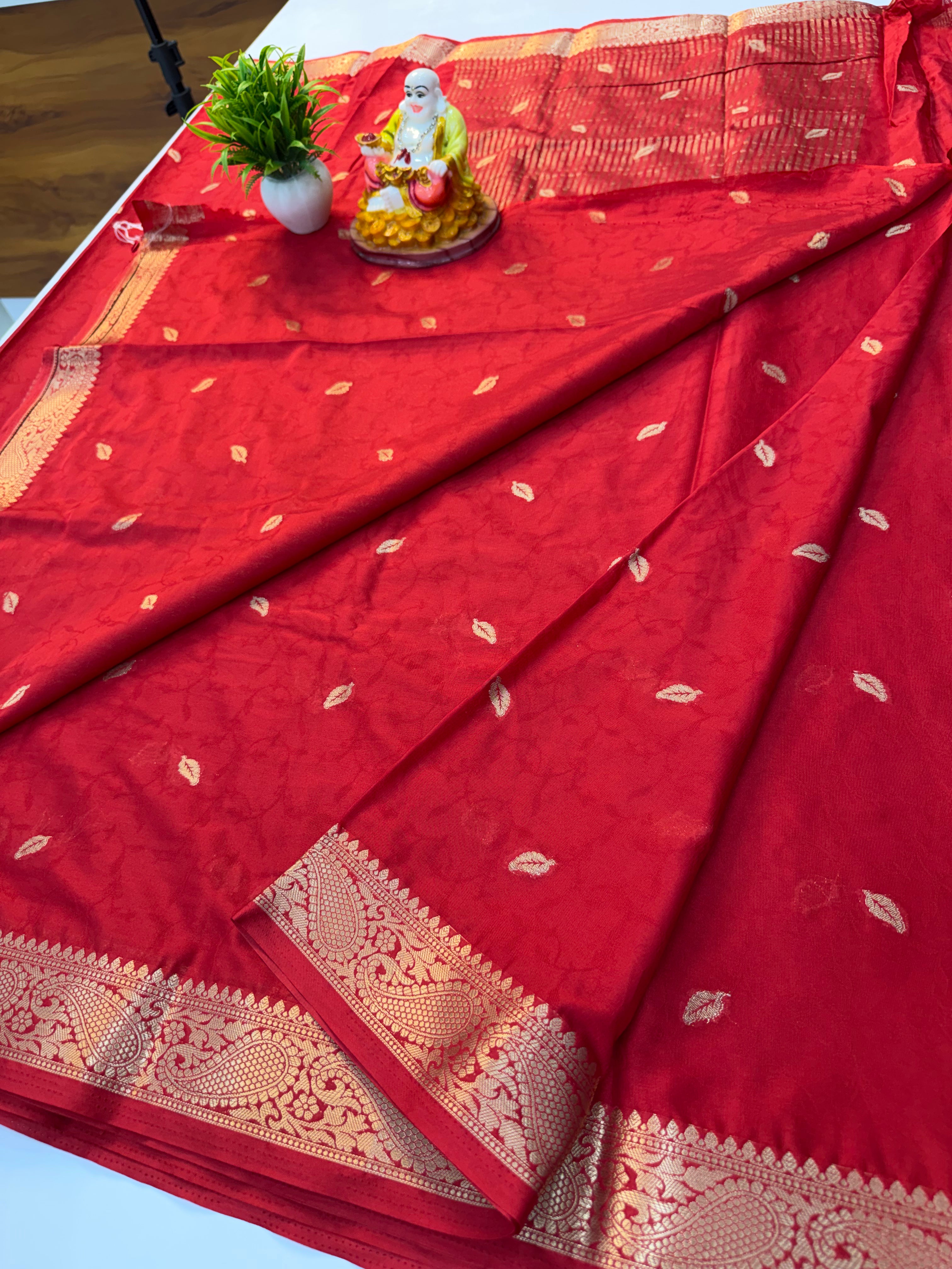 Mysore Crepe Silk Saree with Buttas & Golden Zari Rich Pallu