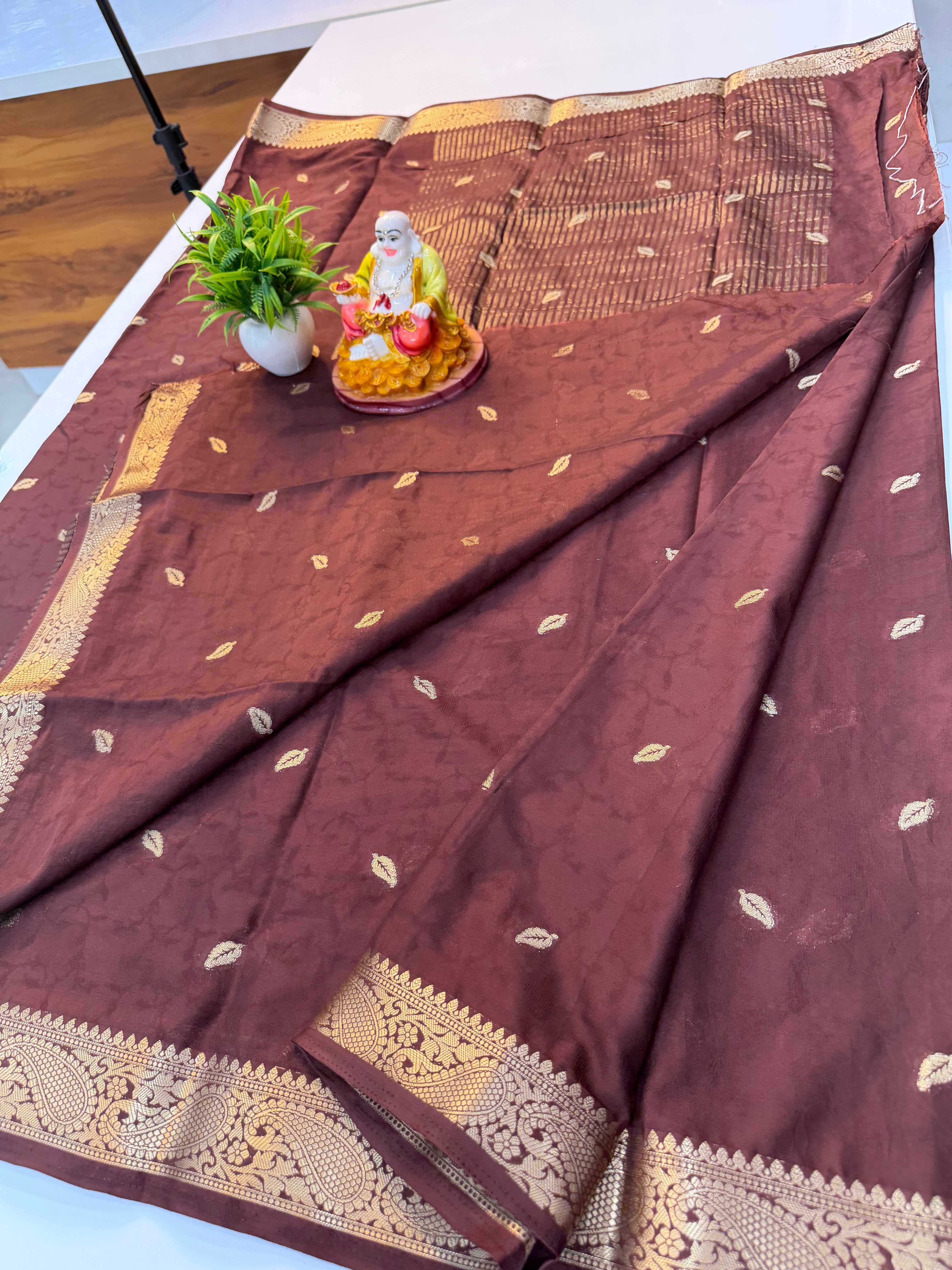Mysore Crepe Silk Saree with Buttas & Golden Zari Rich Pallu