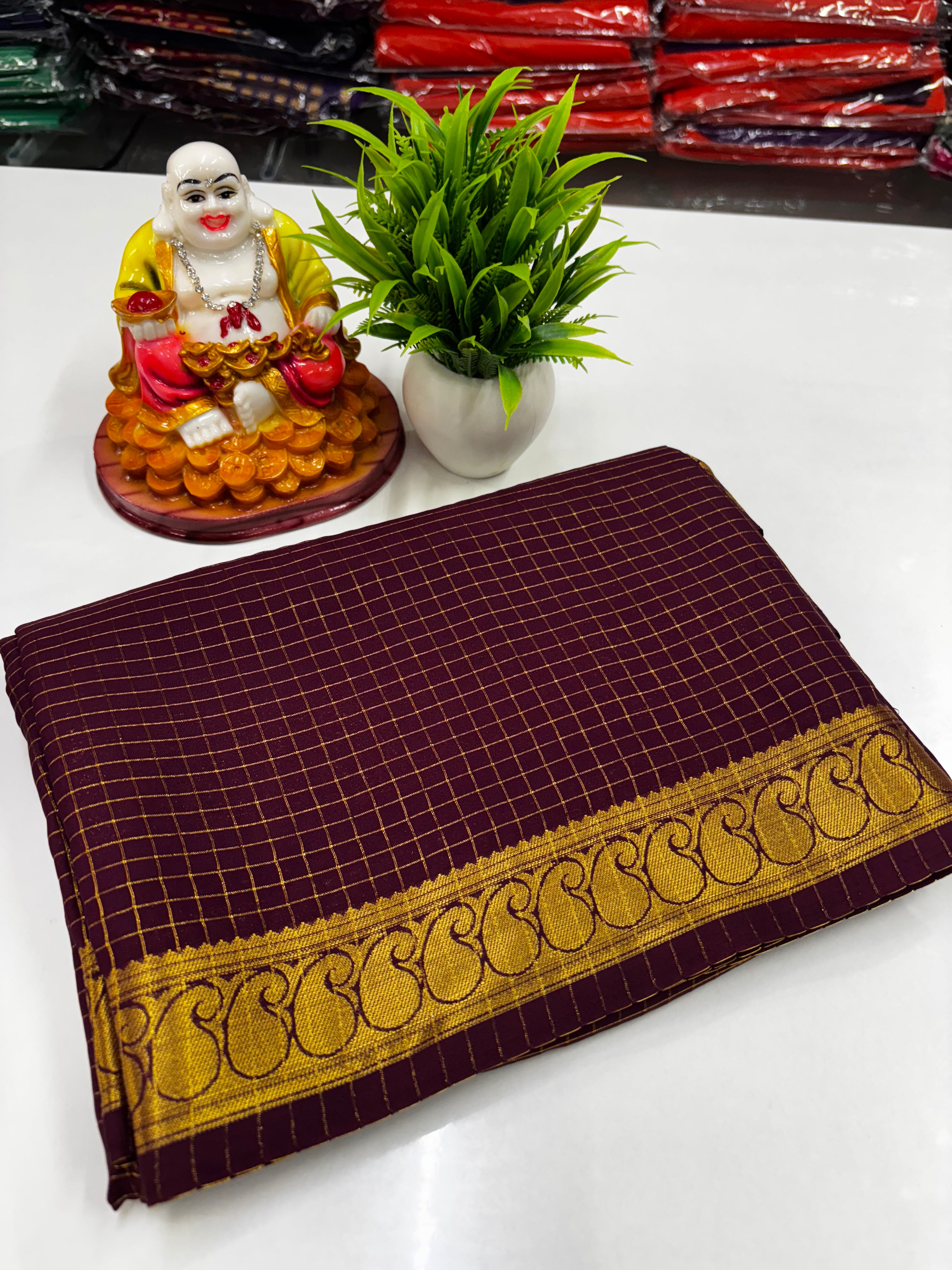 Mysore Crepe Silk Saree with Chex Pattern & Mango Border