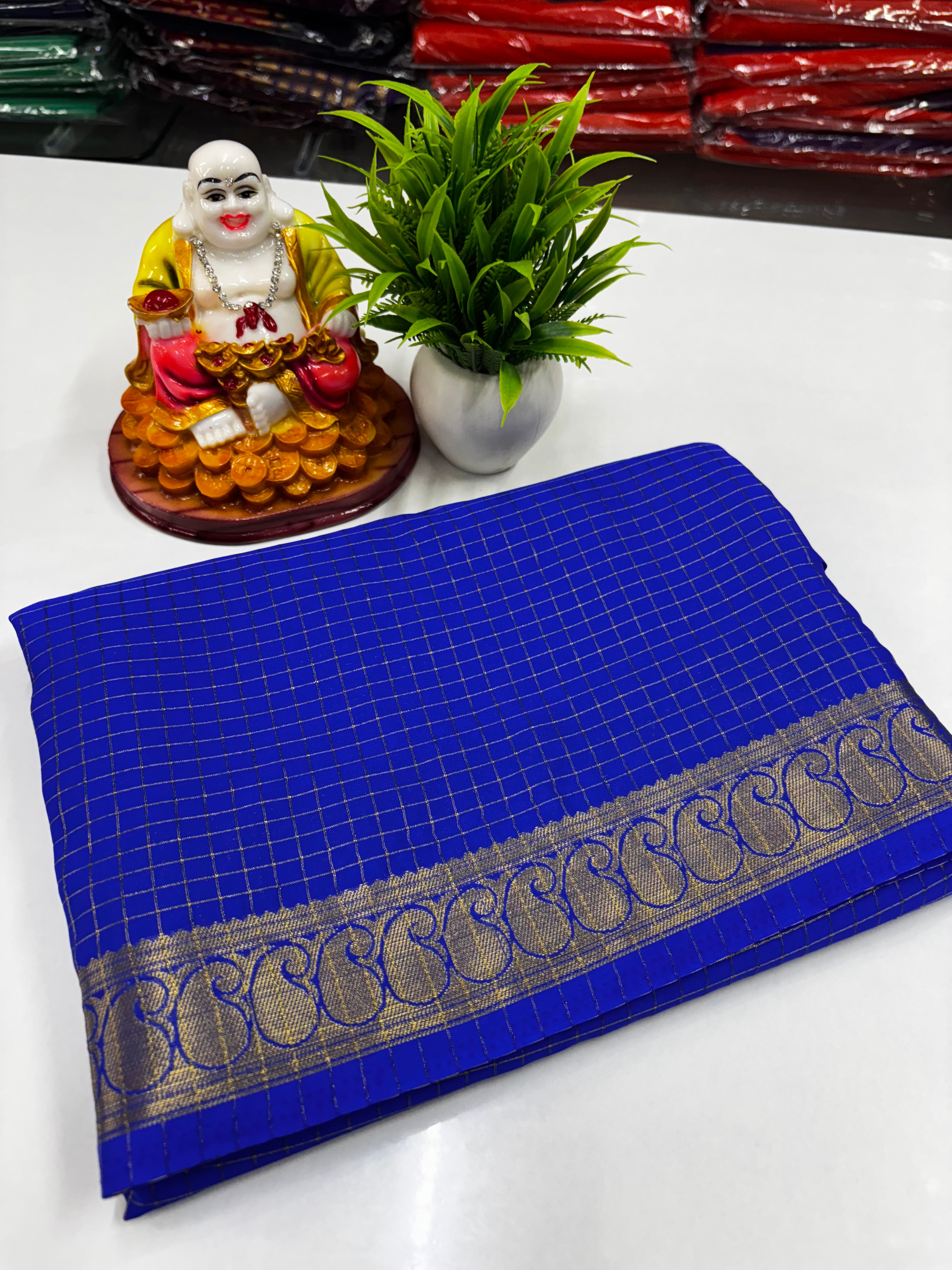 Mysore Crepe Silk Saree with Chex Pattern & Mango Border