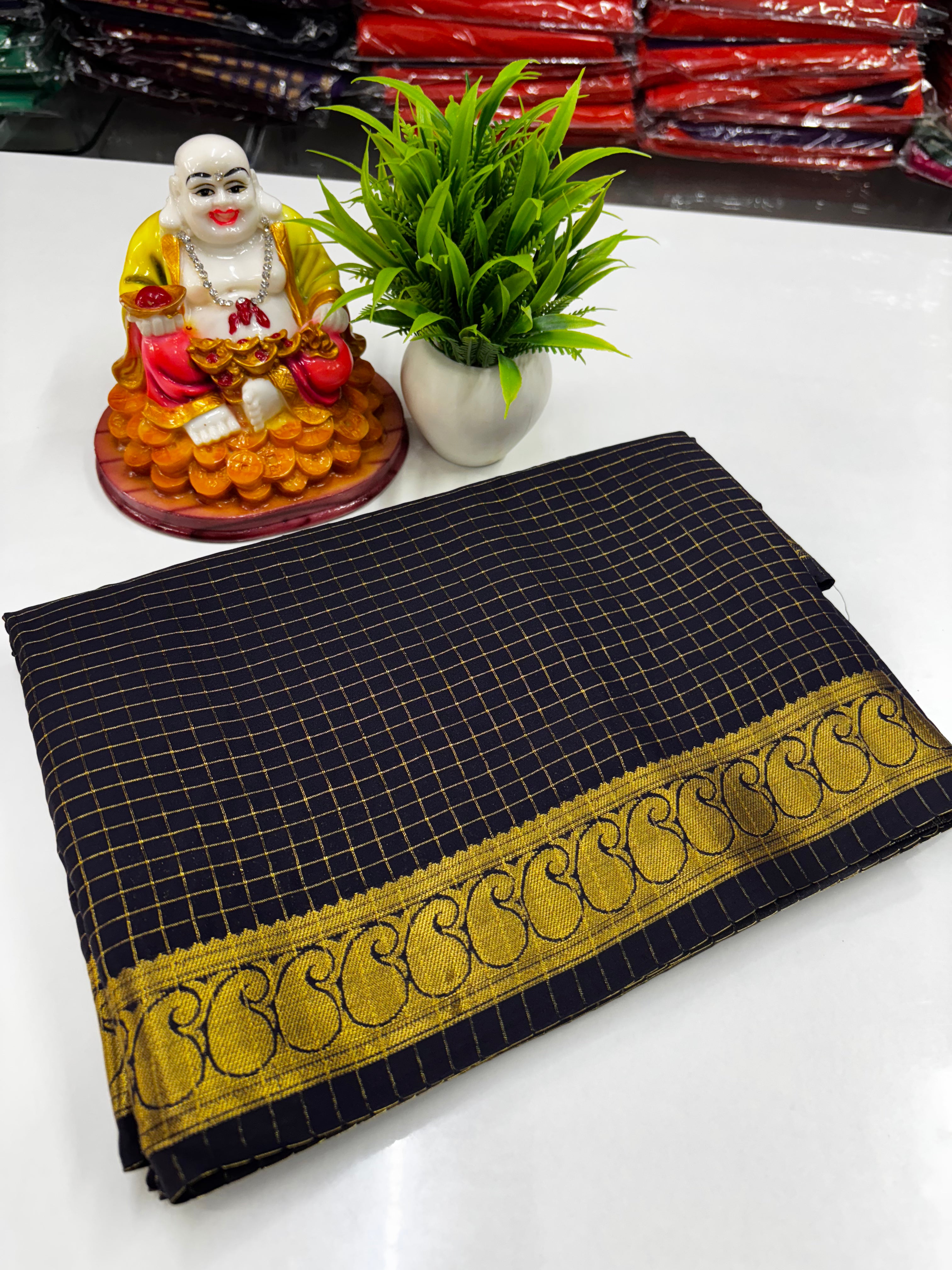 Mysore Crepe Silk Saree with Chex Pattern & Mango Border