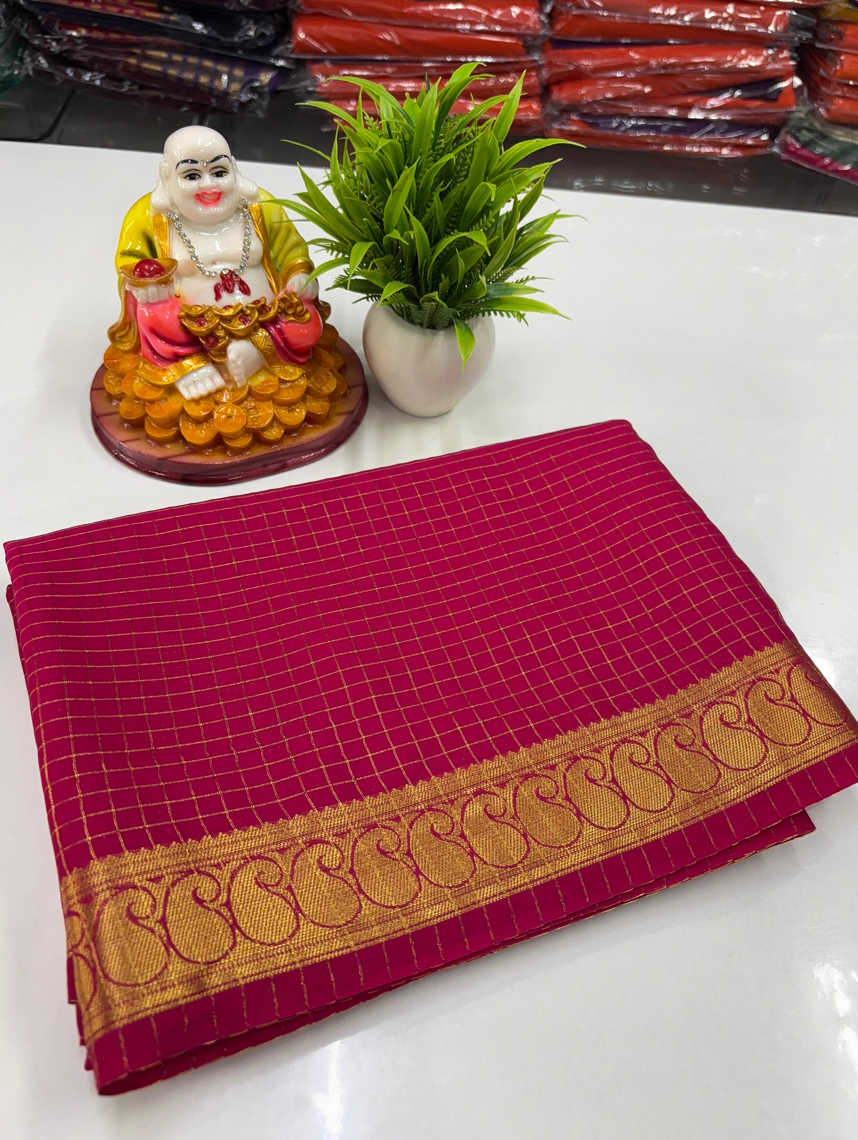 Mysore Crepe Silk Saree with Chex Pattern & Mango Border