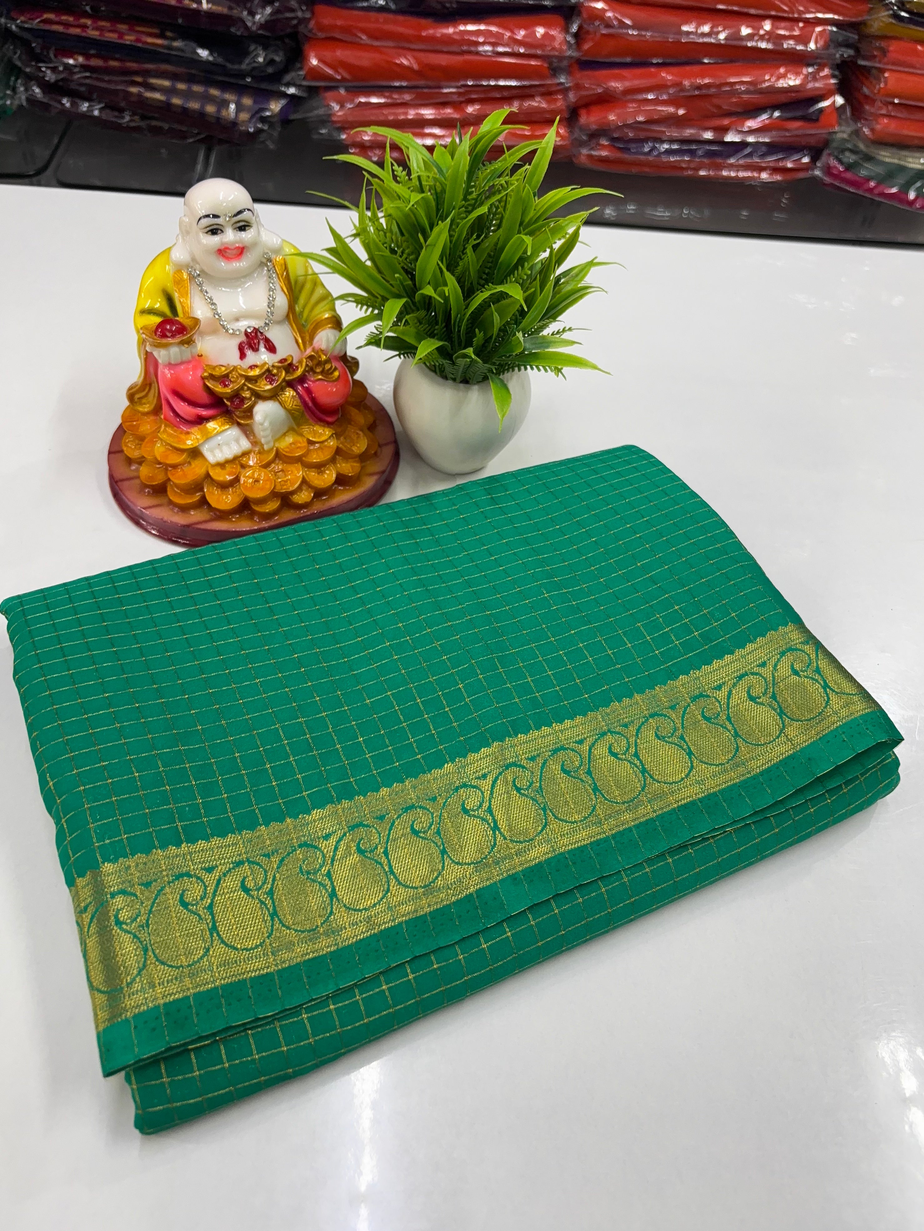 Mysore Crepe Silk Saree with Chex Pattern & Mango Border