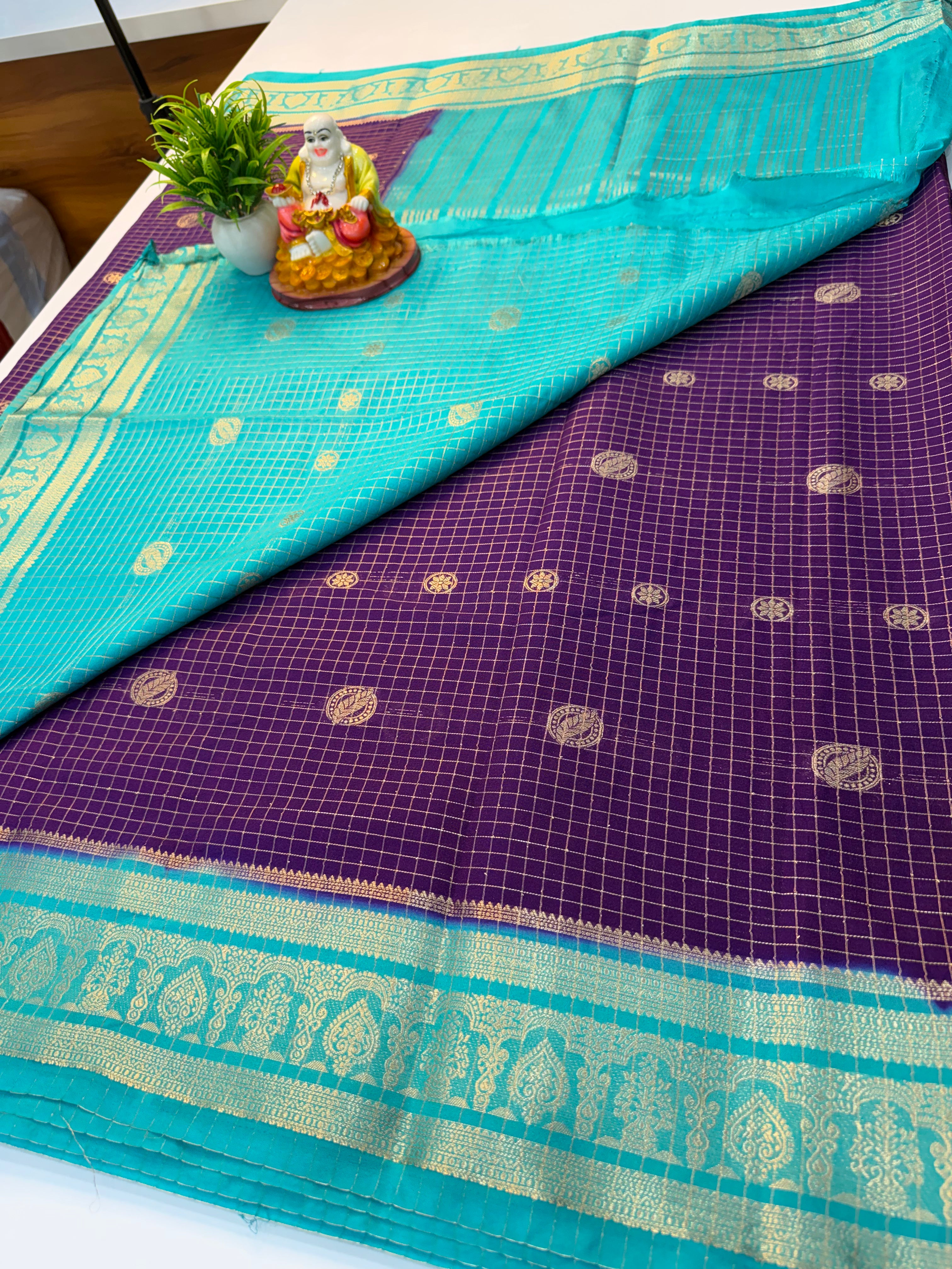 Mysore Crepe Silk Saree with Checks Pattern & Elegant Buttas