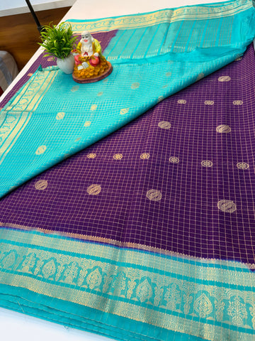 Mysore Crepe Silk Saree with Checks Pattern & Elegant Buttas