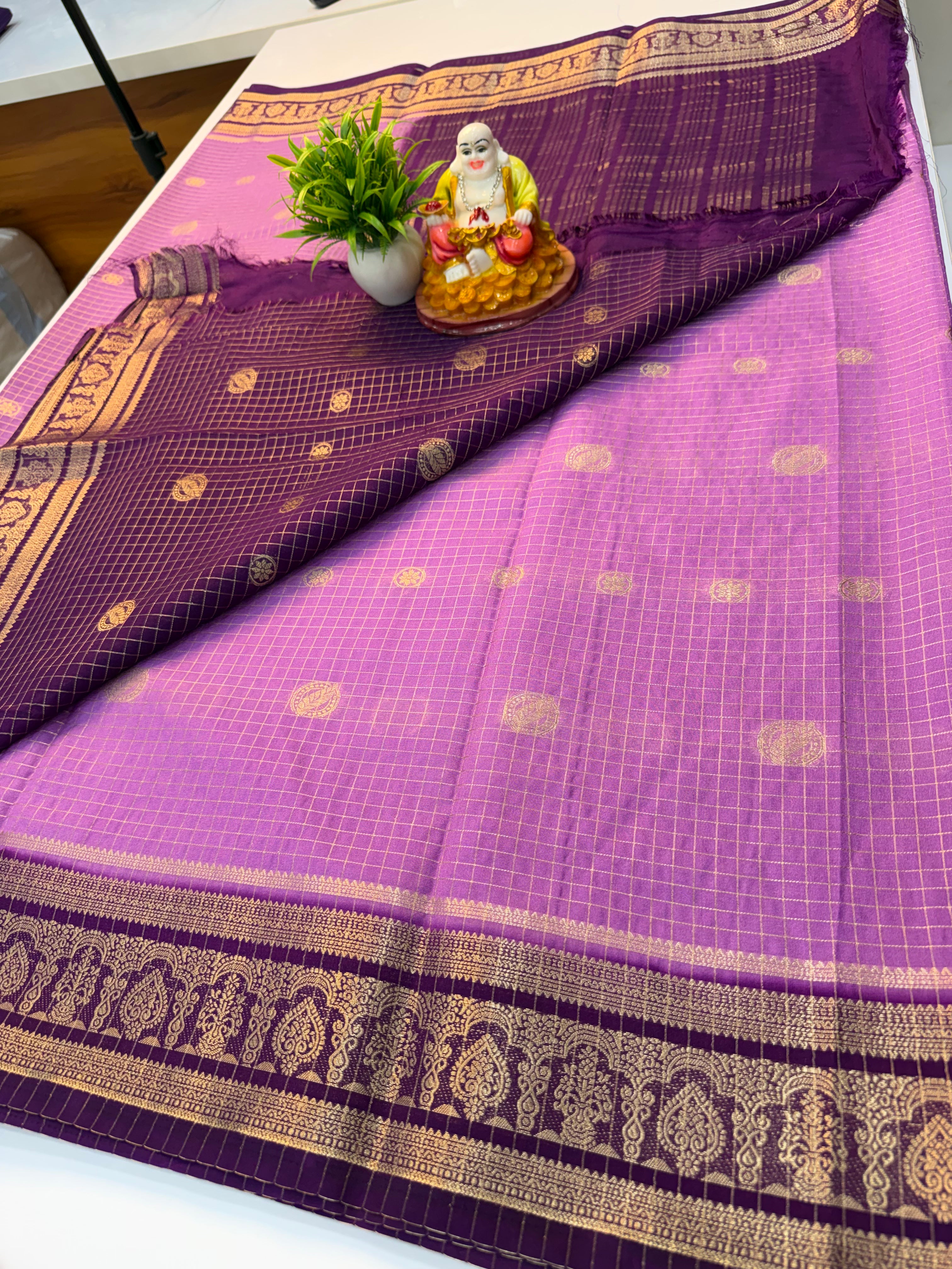 Mysore Crepe Silk Saree with Checks Pattern & Elegant Buttas
