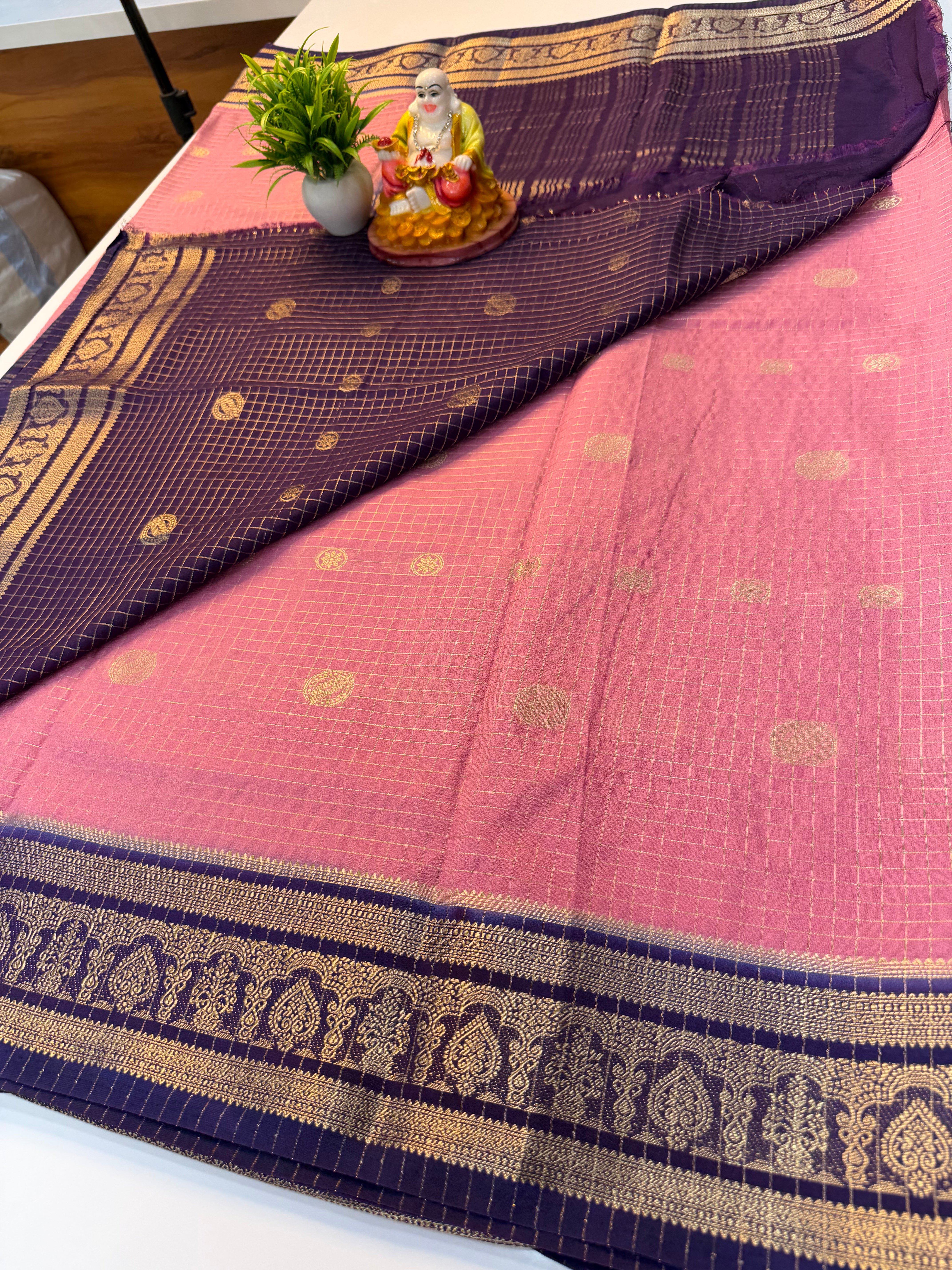 Mysore Crepe Silk Saree with Checks Pattern & Elegant Buttas