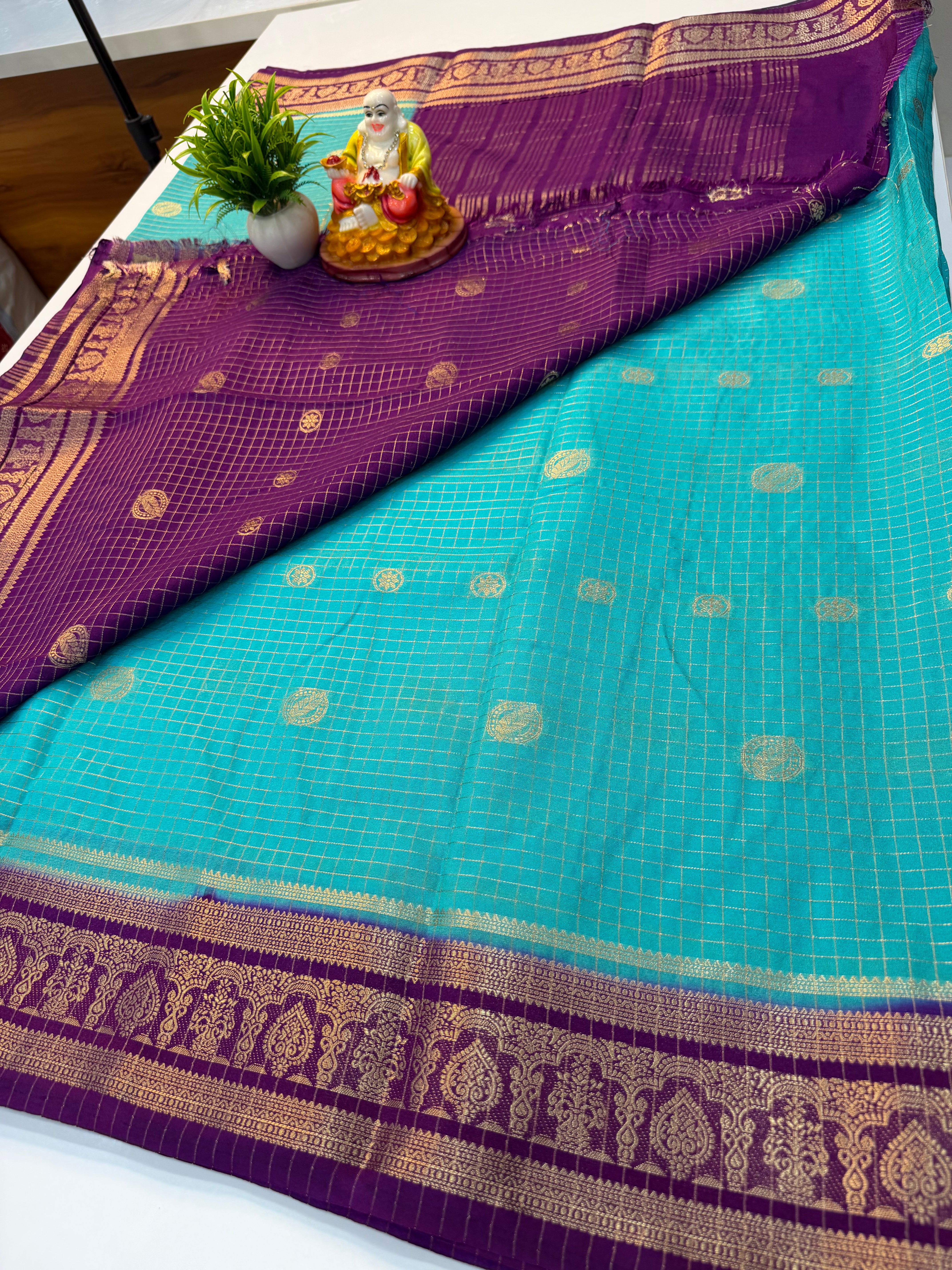 Mysore Crepe Silk Saree with Checks Pattern & Elegant Buttas