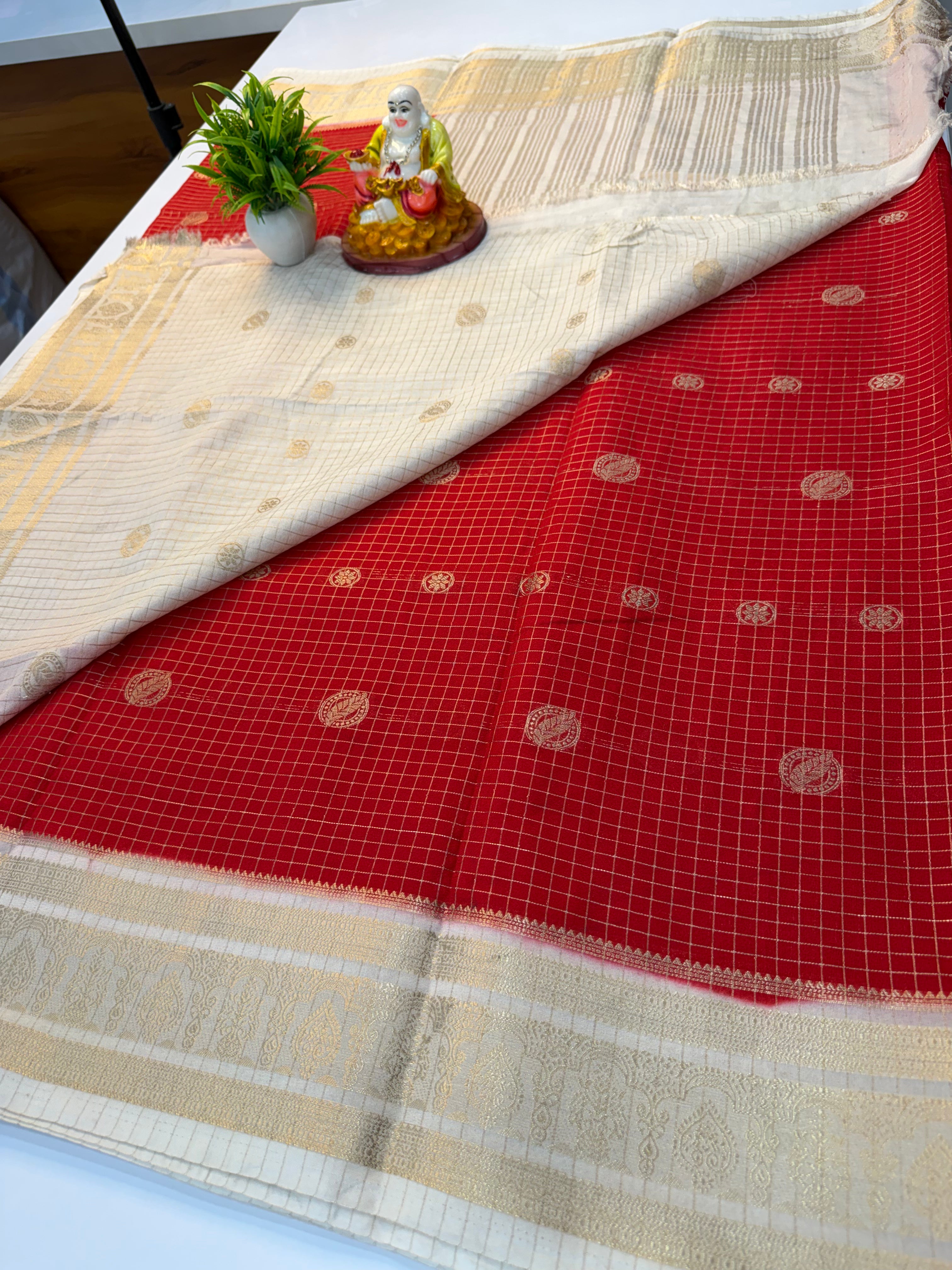 Mysore Crepe Silk Saree with Checks Pattern & Elegant Buttas