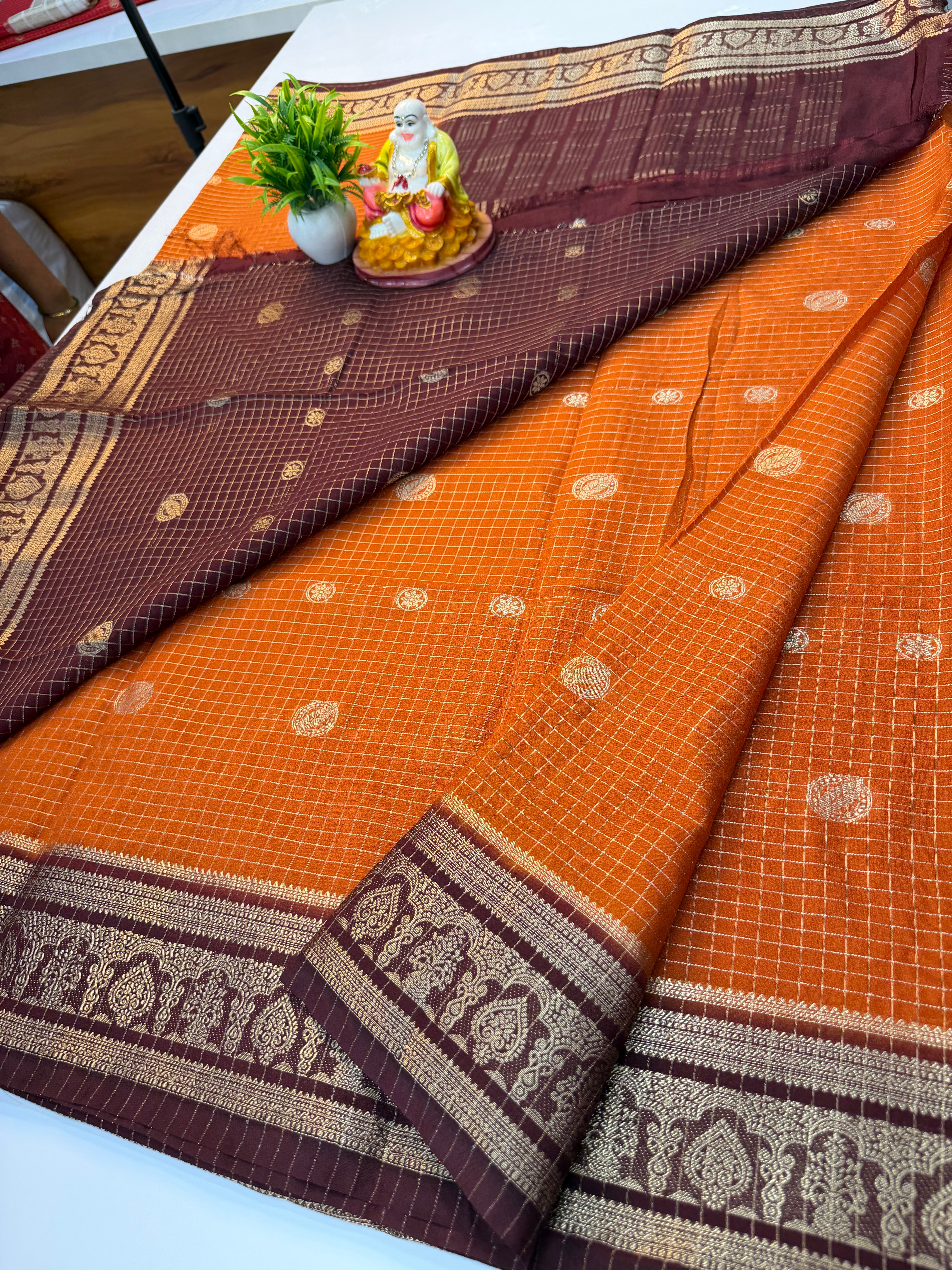 Mysore Crepe Silk Saree with Checks Pattern & Elegant Buttas
