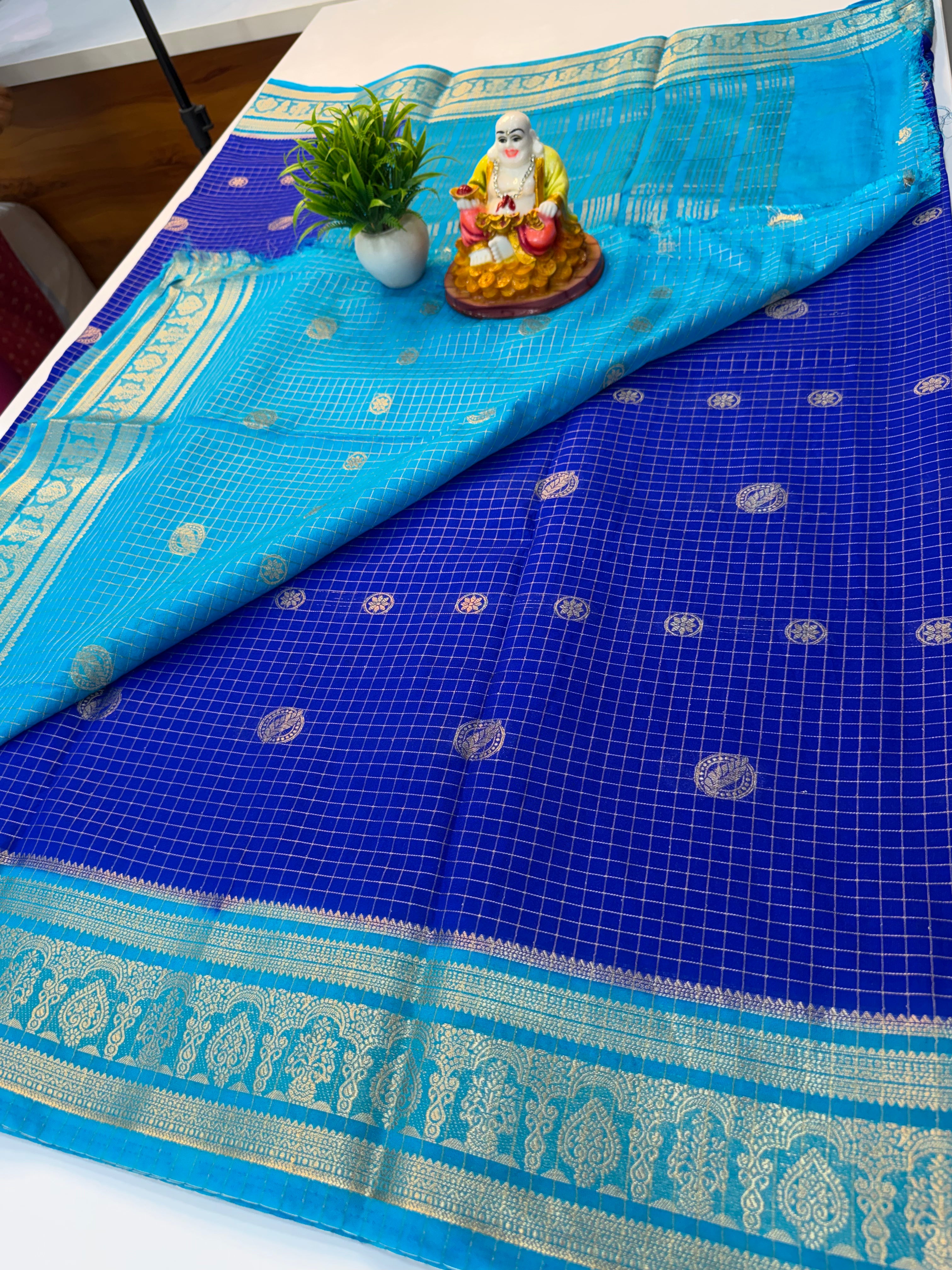 Mysore Crepe Silk Saree with Checks Pattern & Elegant Buttas