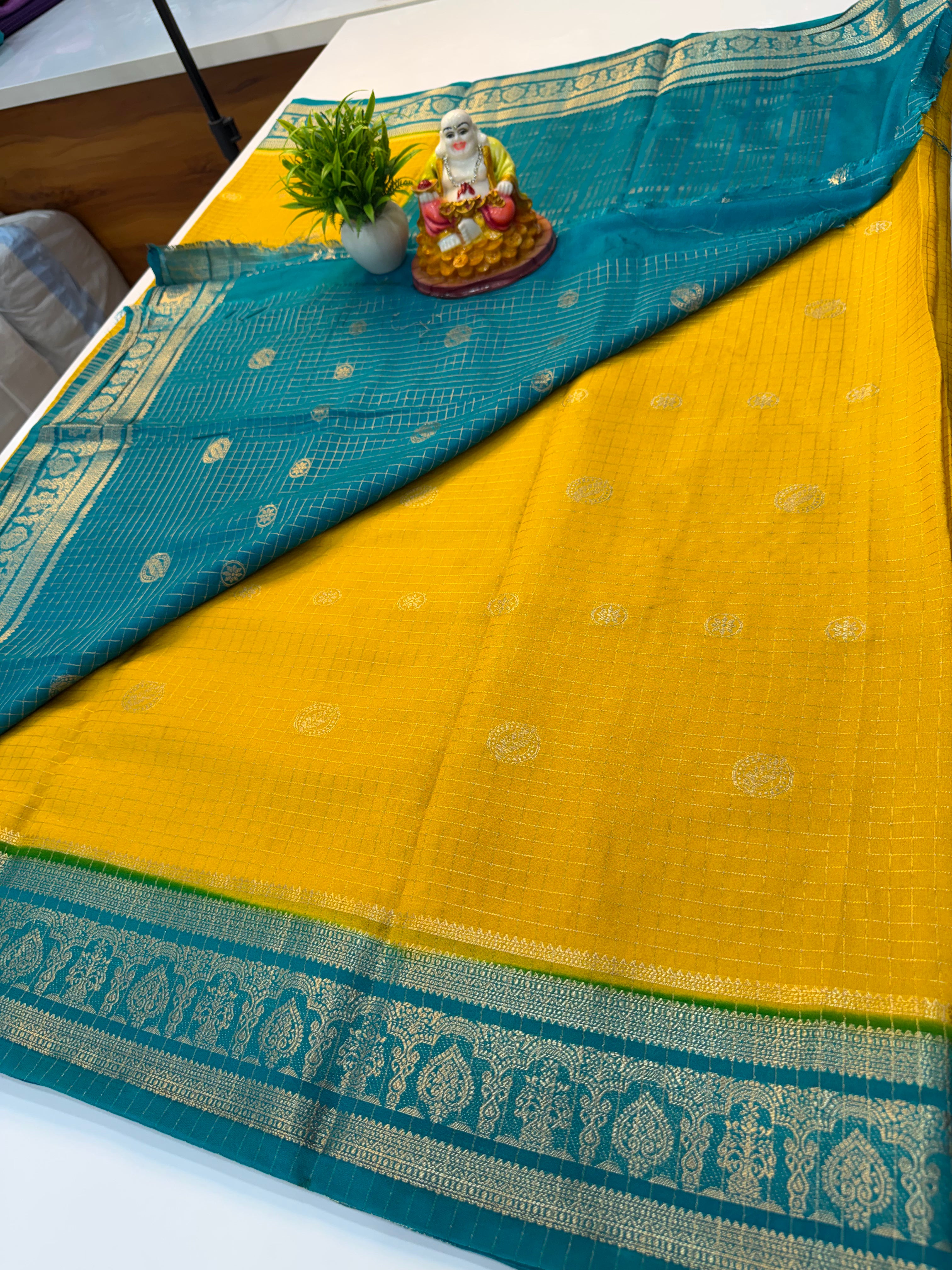 Mysore Crepe Silk Saree with Checks Pattern & Elegant Buttas