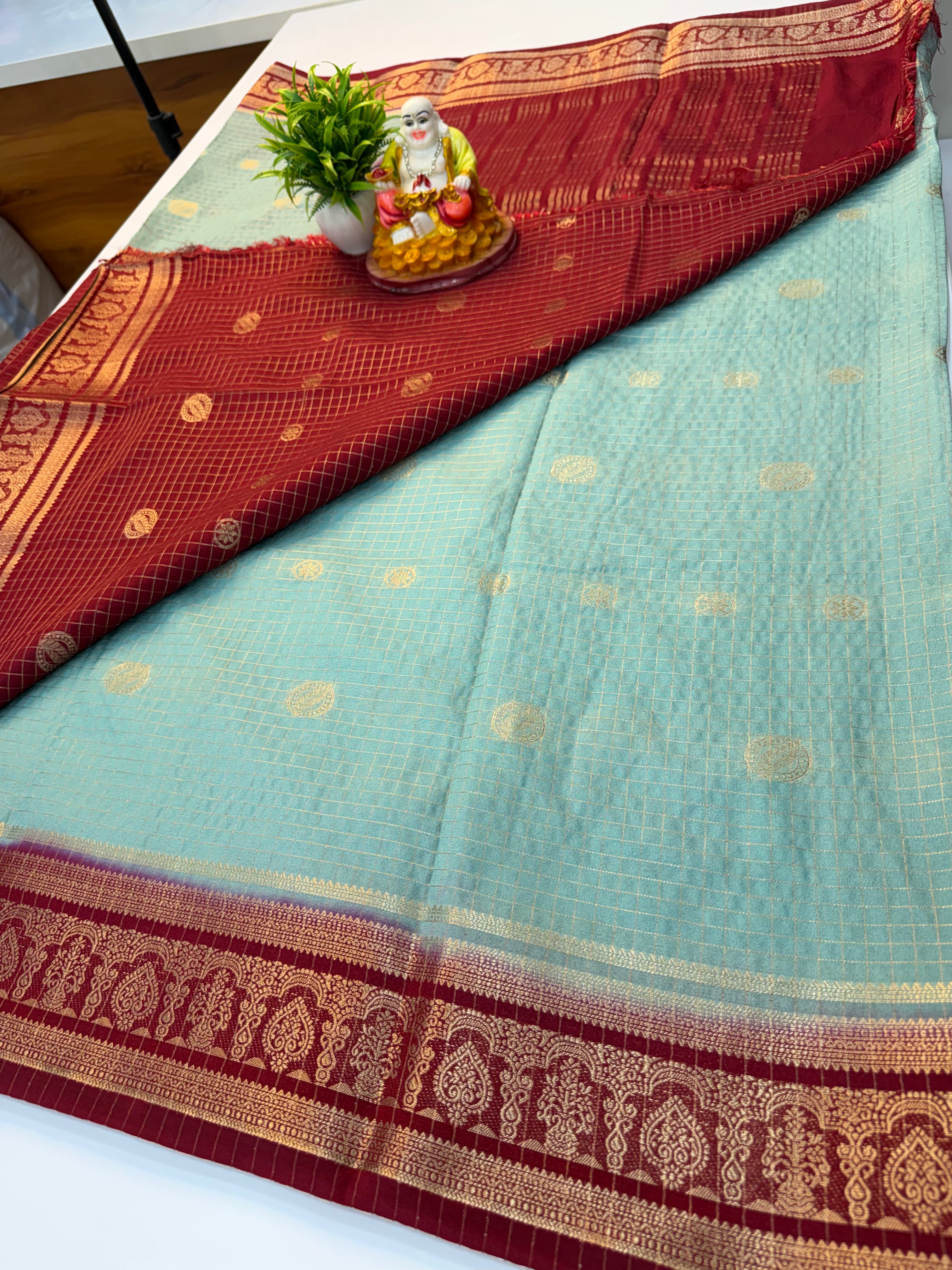 Mysore Crepe Silk Saree with Checks Pattern & Elegant Buttas