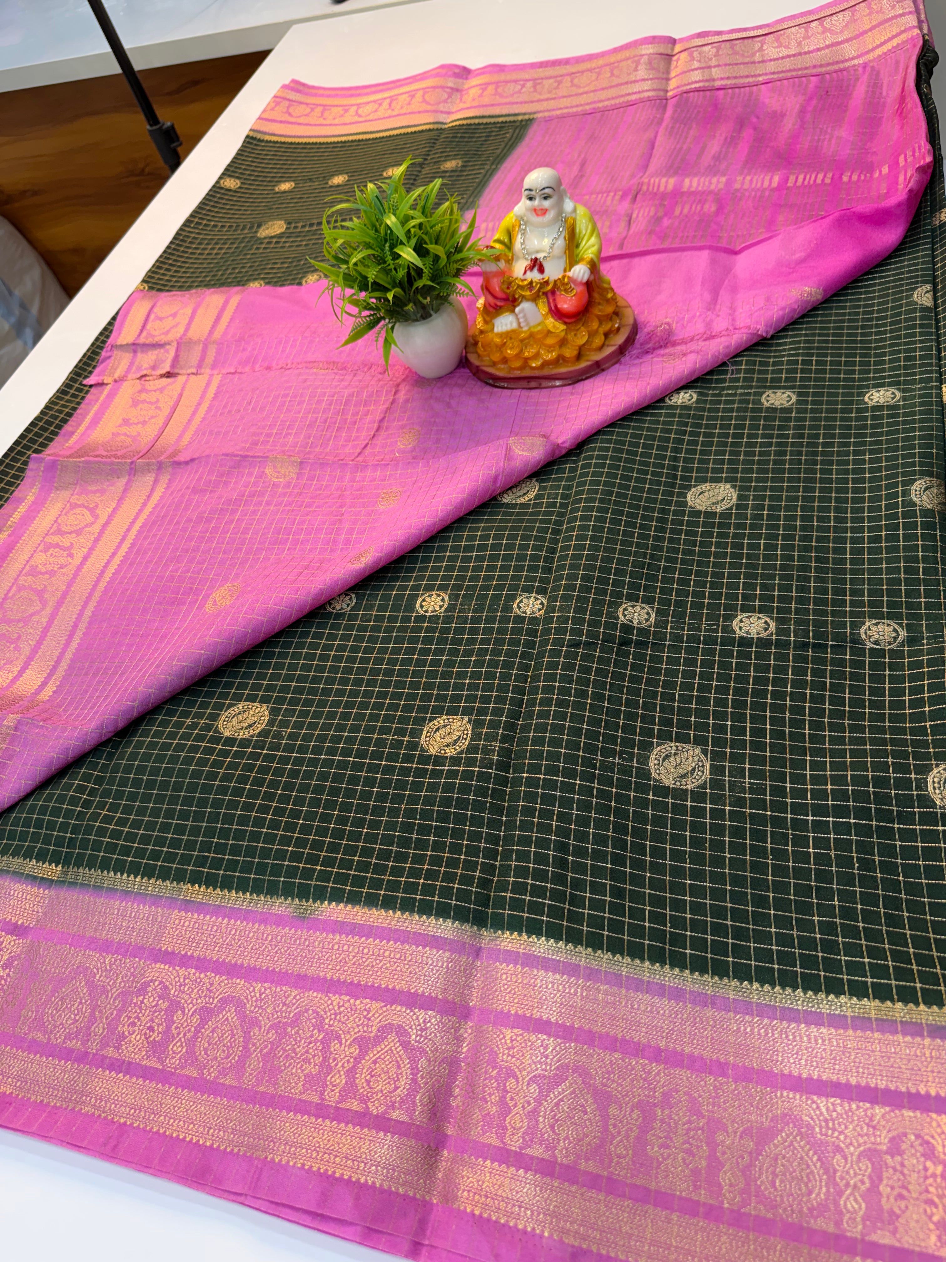 Mysore Crepe Silk Saree with Checks Pattern & Elegant Buttas