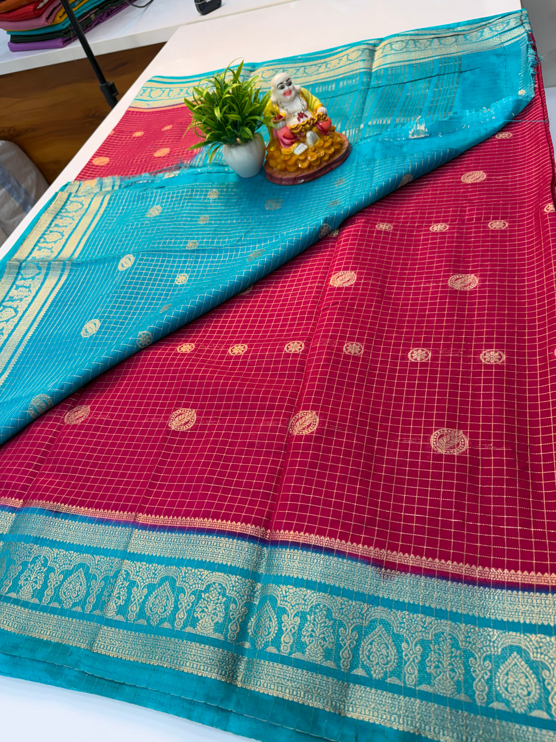 Mysore Crepe Silk Saree with Checks Pattern & Elegant Buttas