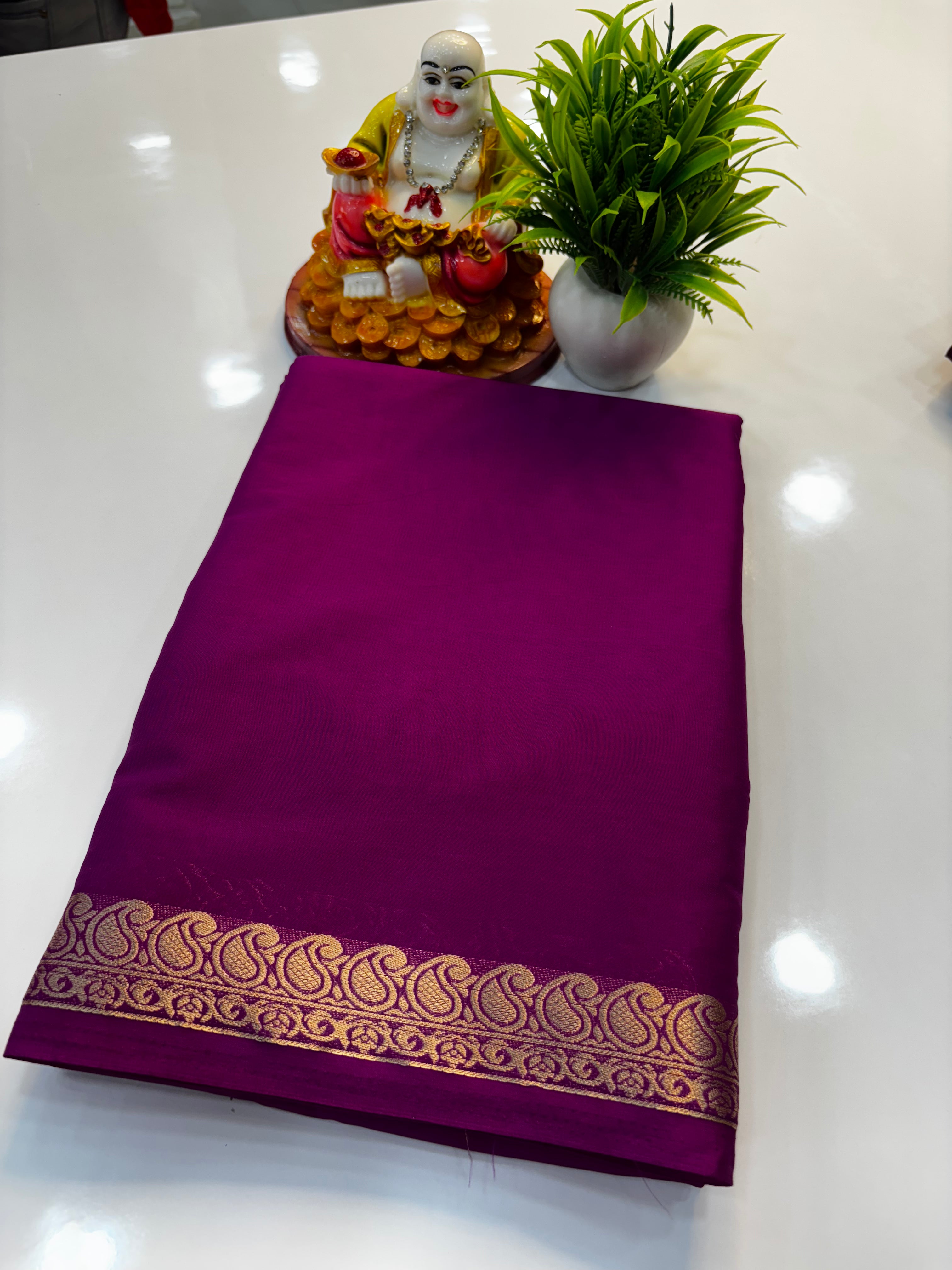 Mysore Crepe Silk Saree with Small Mango Border by Padmavathi Silks and Sarees