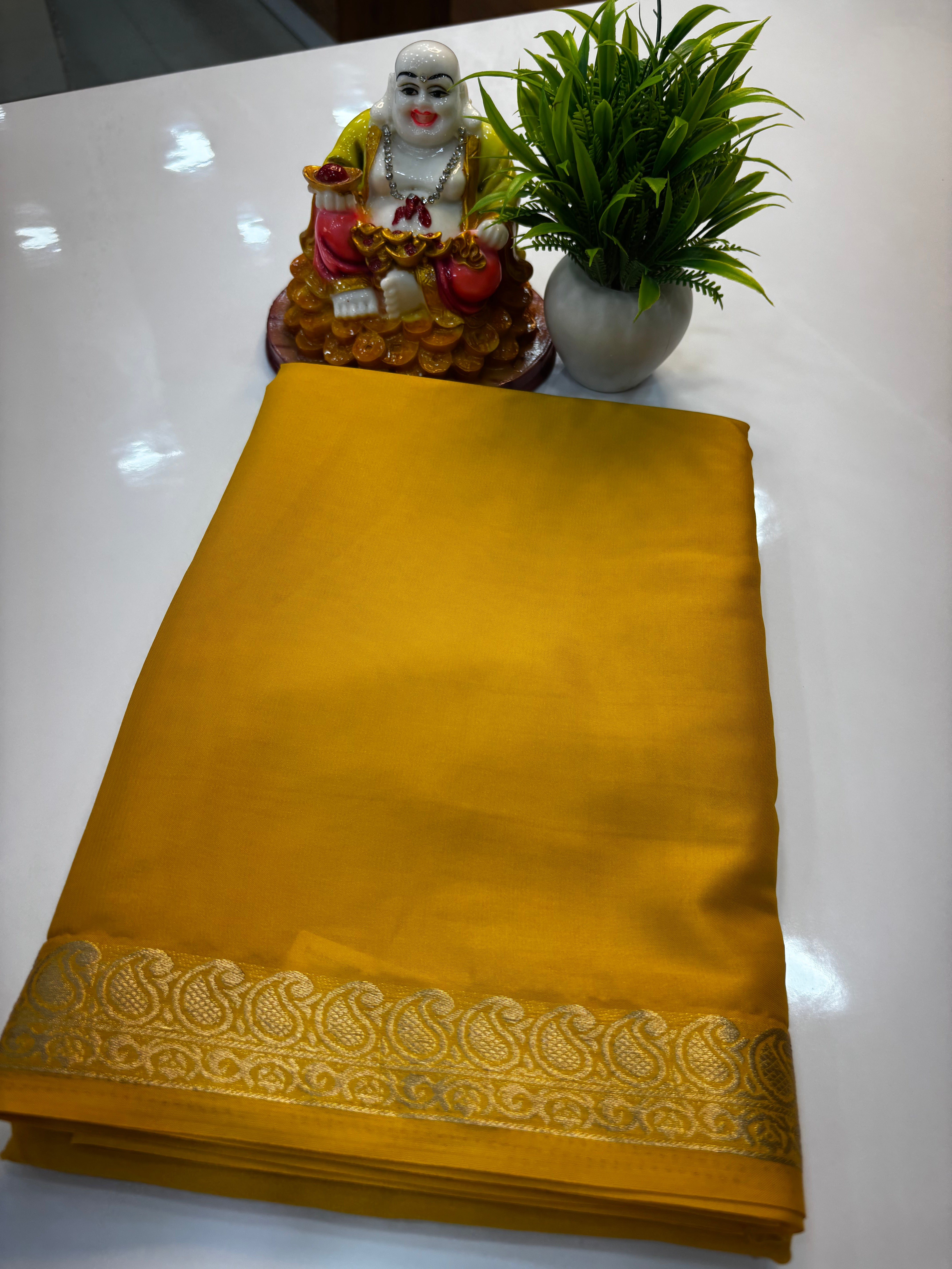 Mysore Crepe Silk Saree with Small Mango Border by Padmavathi Silks and Sarees