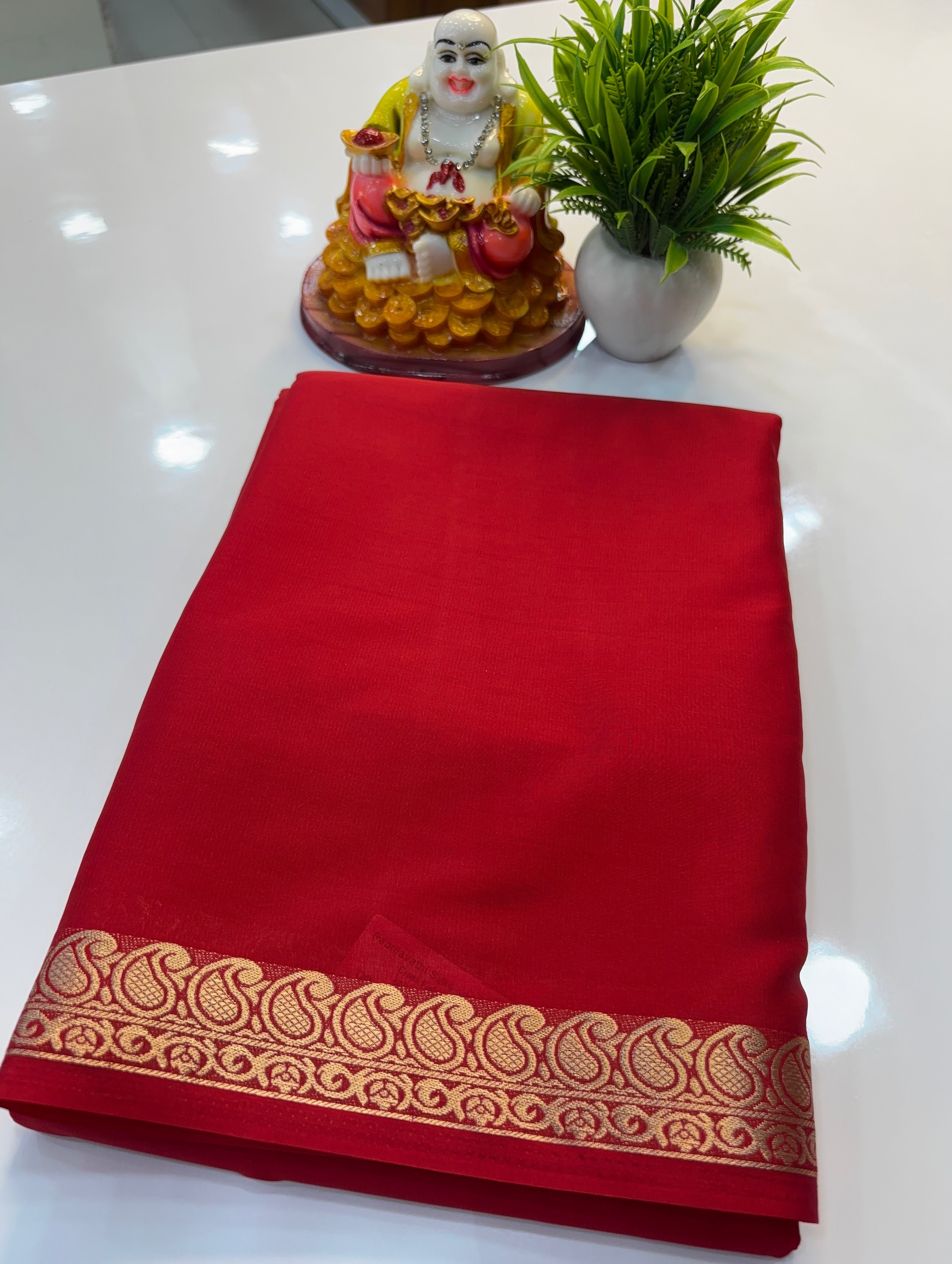 Mysore Crepe Silk Saree with Small Mango Border by Padmavathi Silks and Sarees
