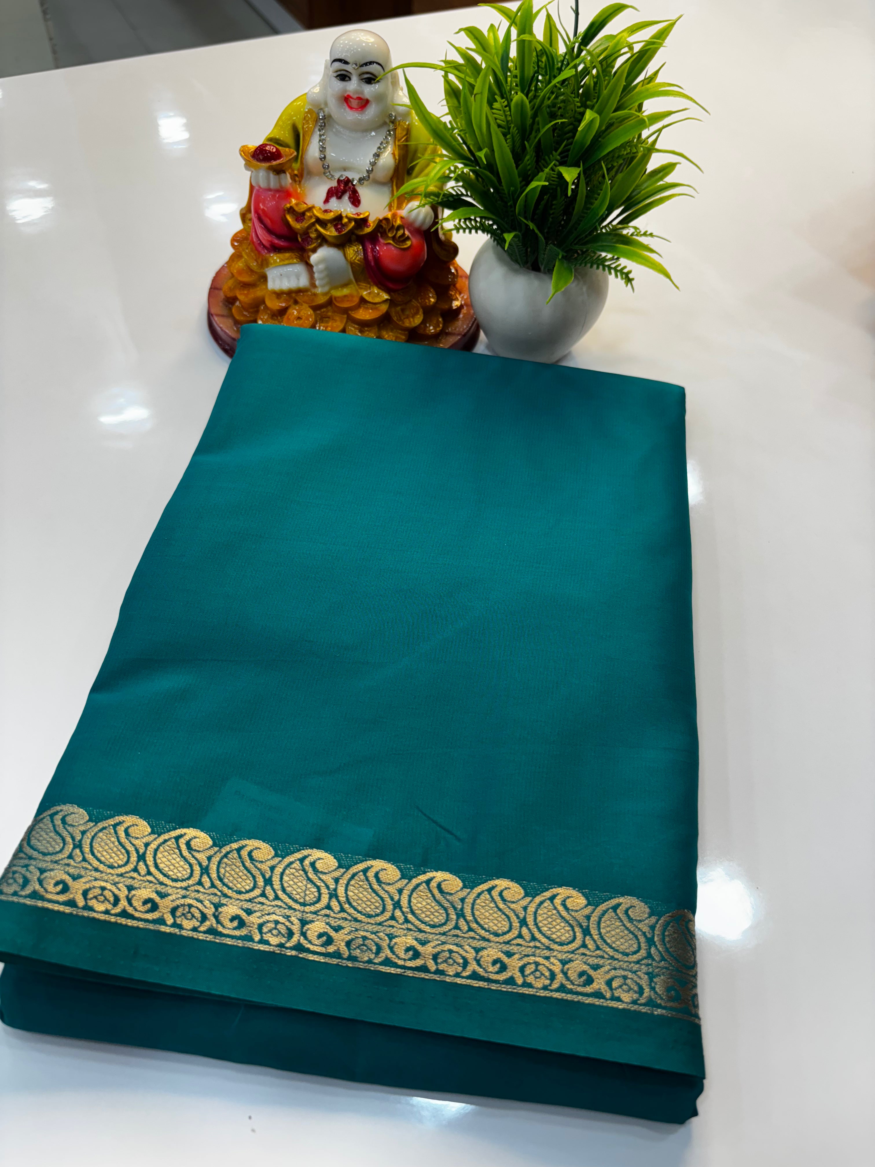 Mysore Crepe Silk Saree with Small Mango Border by Padmavathi Silks and Sarees