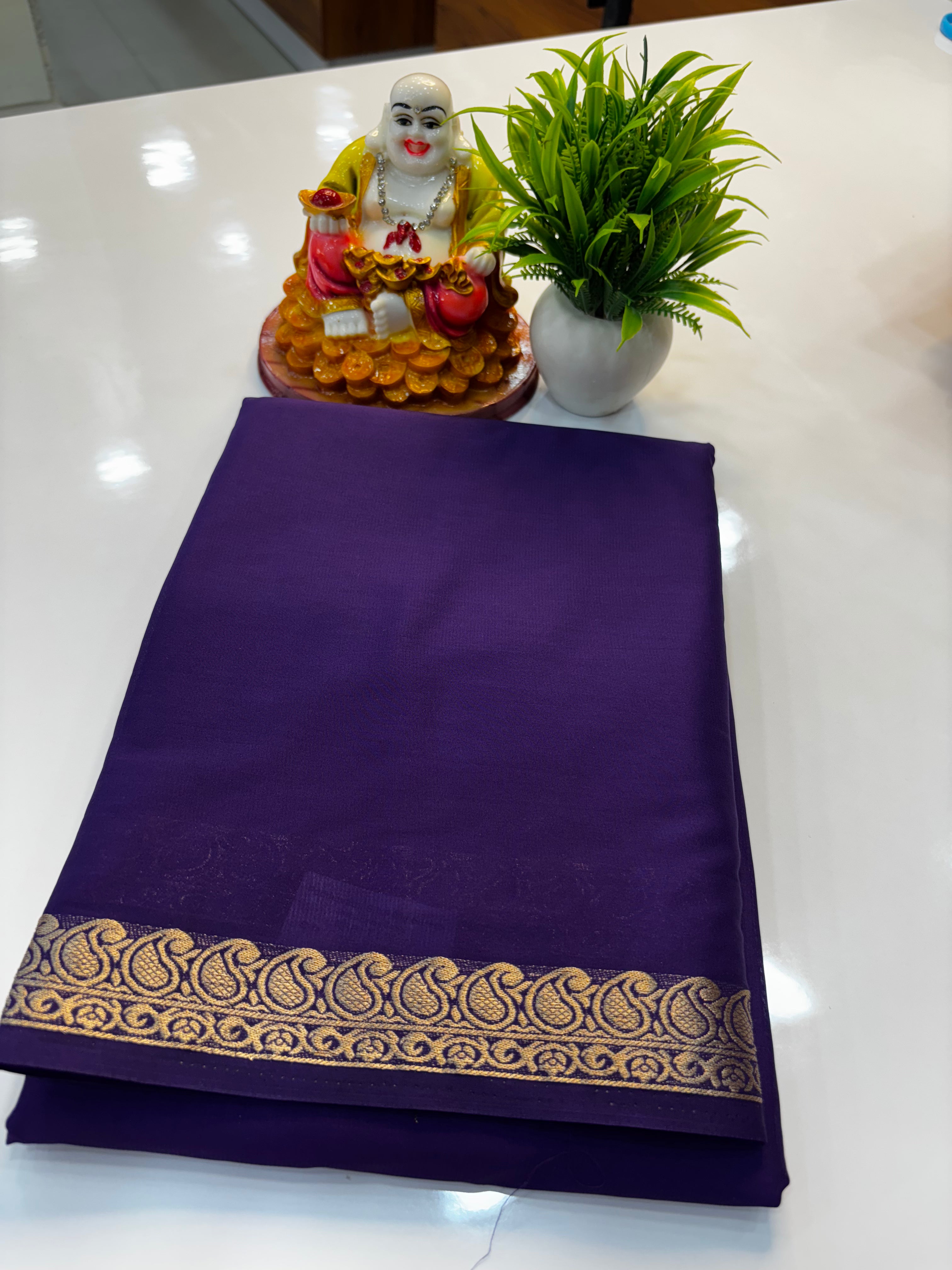 Mysore Crepe Silk Saree with Small Mango Border by Padmavathi Silks and Sarees