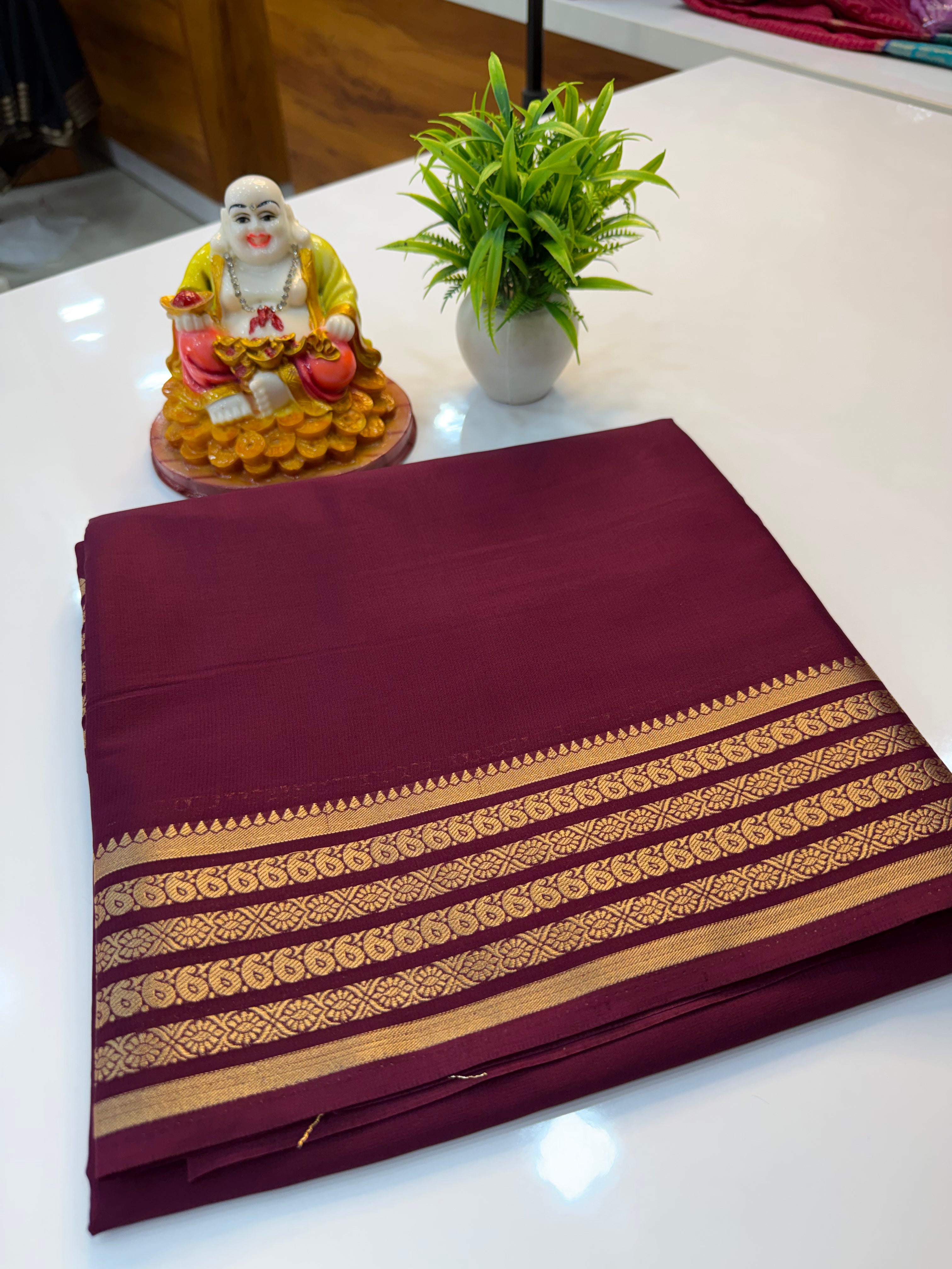Premium Mysore Crepe Silk Saree with Beautiful Mango Border & Chit Pallu