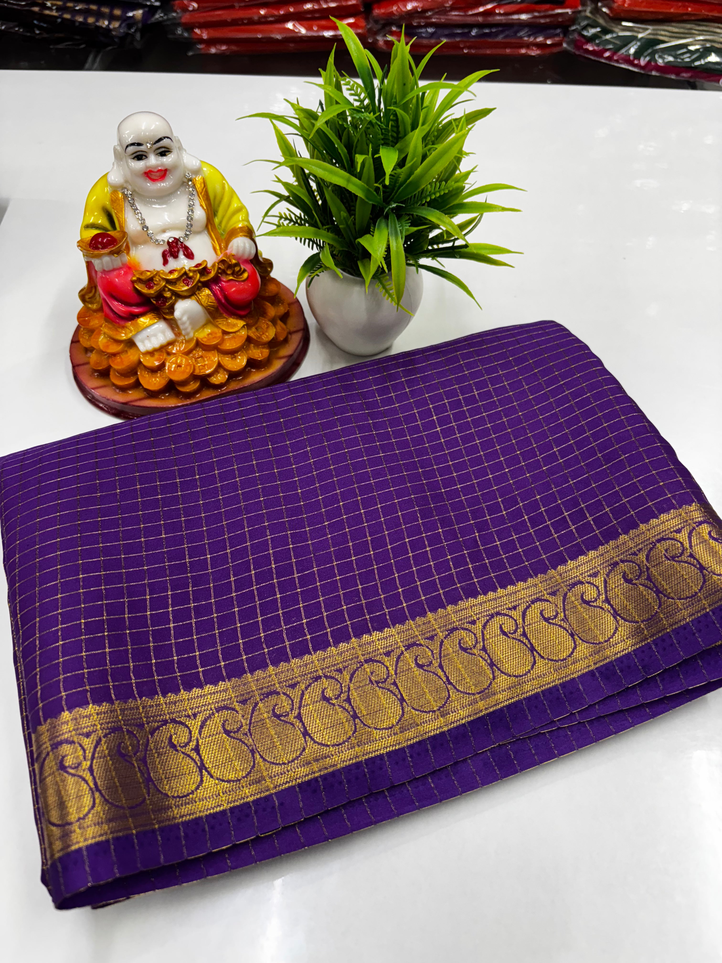 Mysore Crepe Silk Saree with Chex Pattern & Mango Border