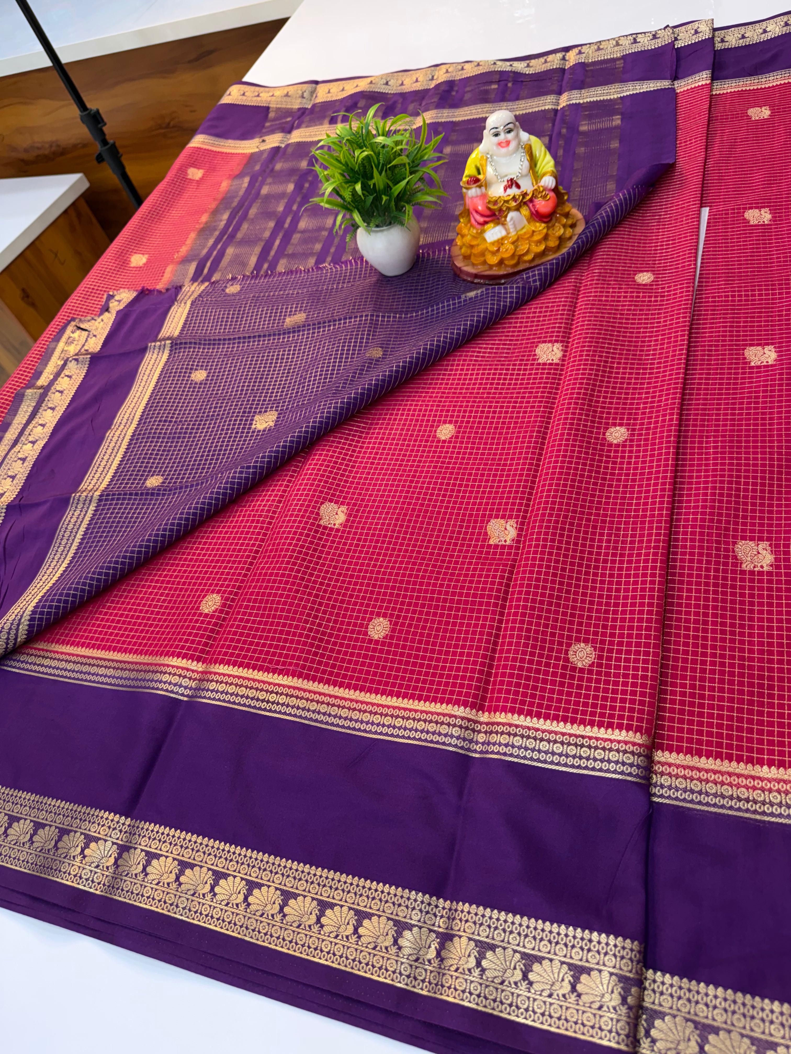 Premium Mysore Crepe Silk Saree with Beautiful Checks & Peacock Buttas | Contrast Blouse