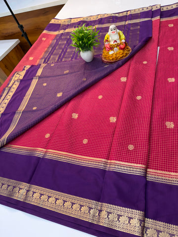Premium Mysore Crepe Silk Saree with Beautiful Checks & Peacock Buttas | Contrast Blouse
