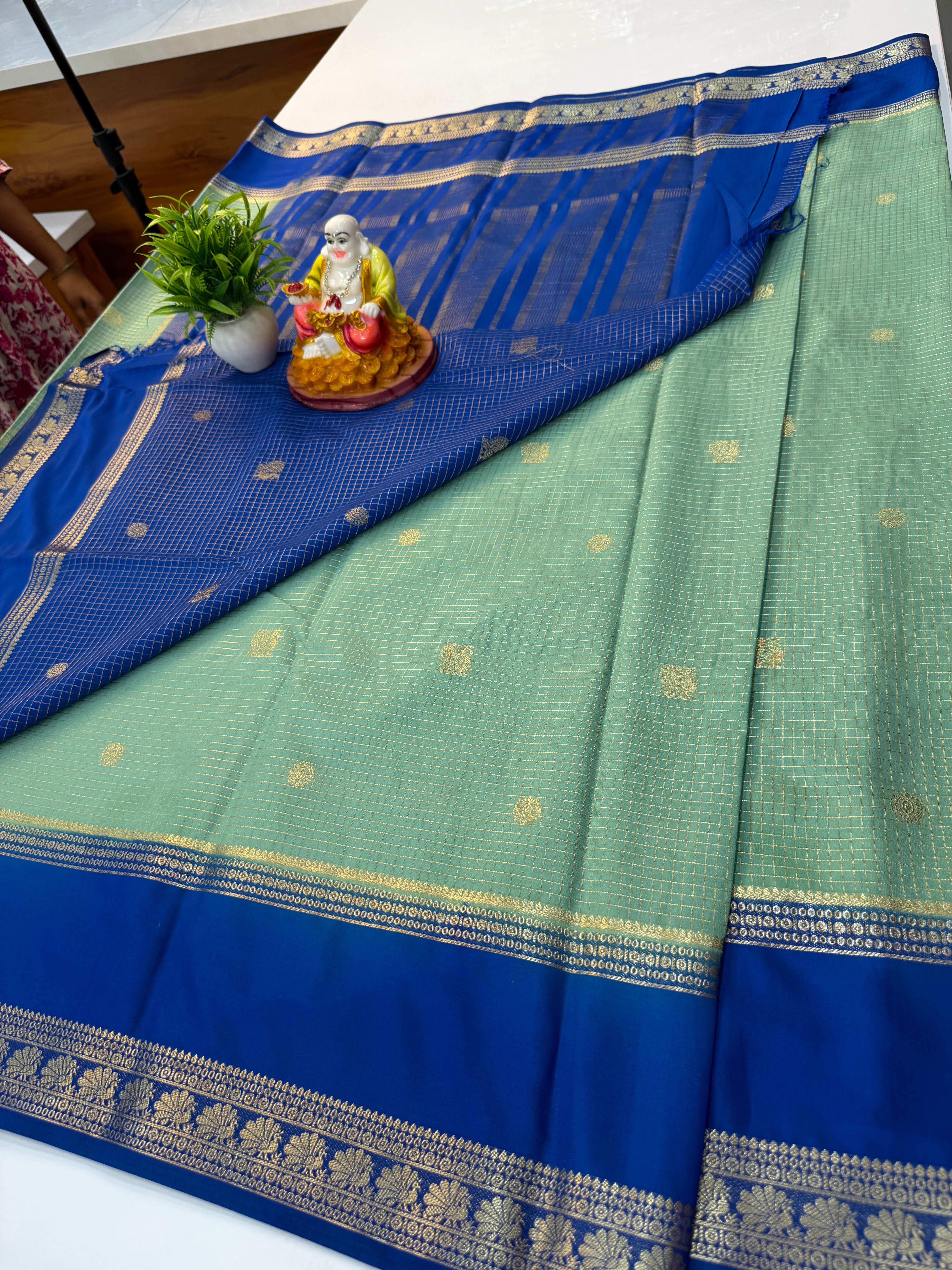Premium Mysore Crepe Silk Saree with Beautiful Checks & Peacock Buttas | Contrast Blouse