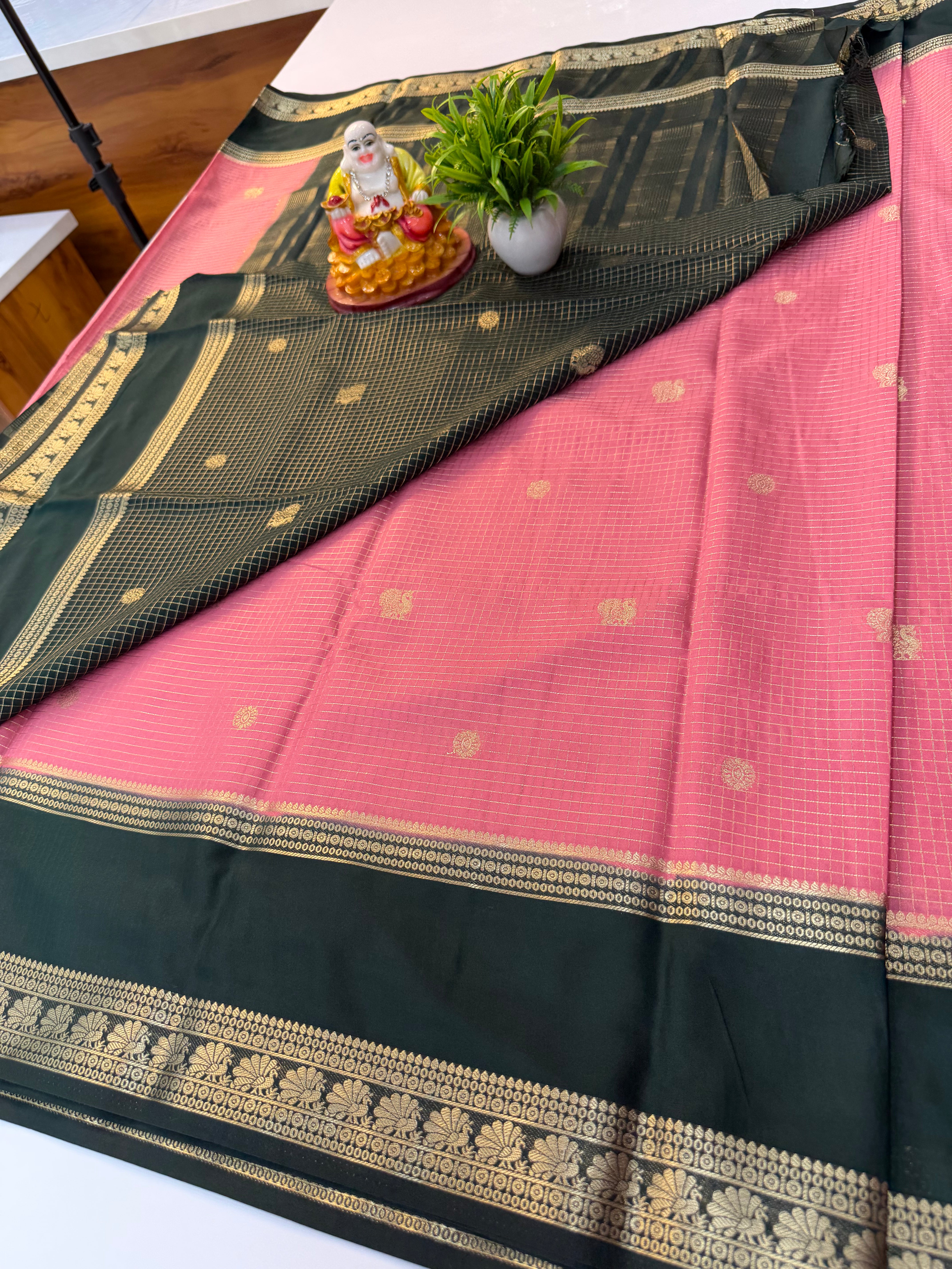 Premium Mysore Crepe Silk Saree with Beautiful Checks & Peacock Buttas | Contrast Blouse
