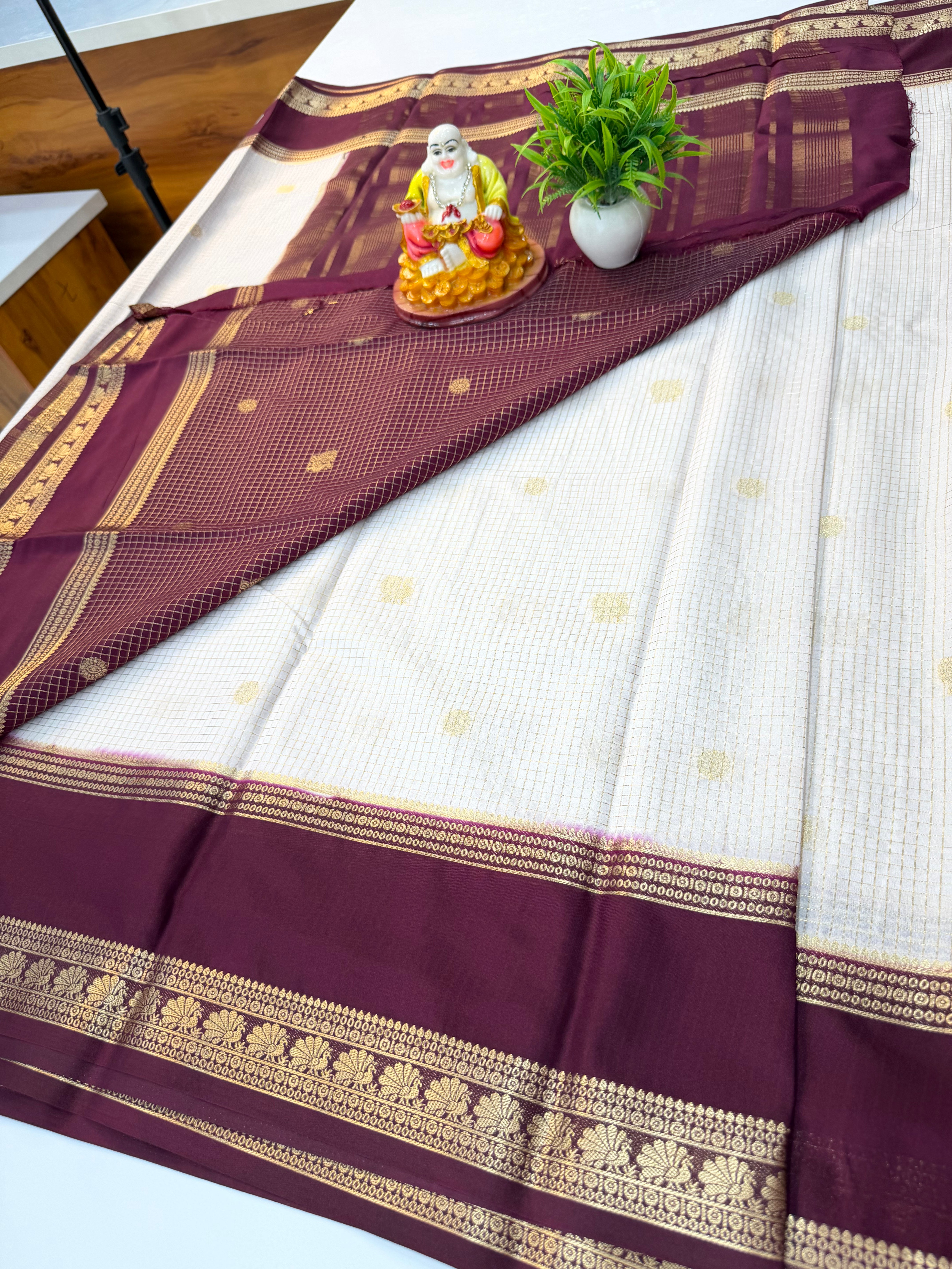 Premium Mysore Crepe Silk Saree with Beautiful Checks & Peacock Buttas | Contrast Blouse