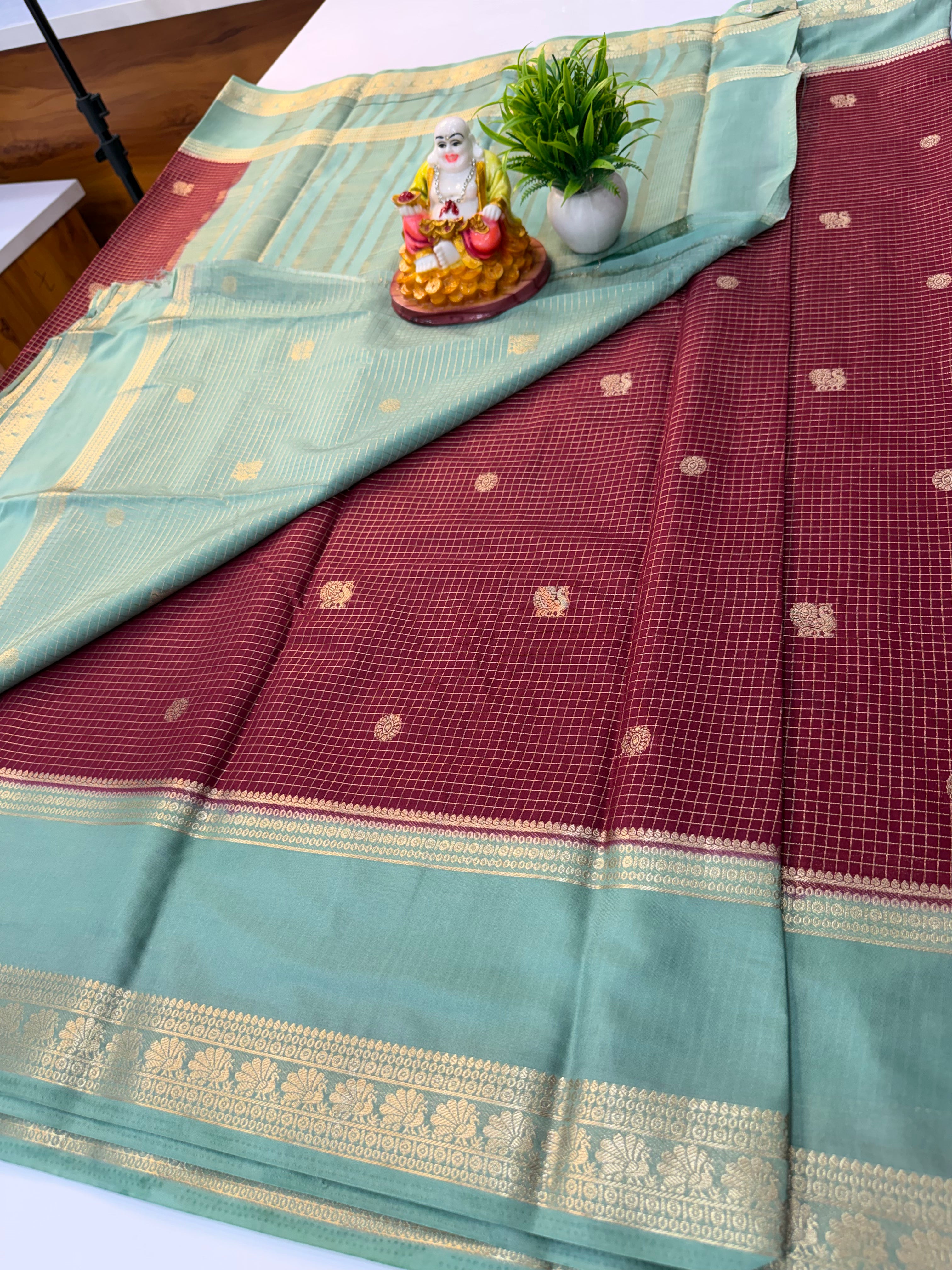 Premium Mysore Crepe Silk Saree with Beautiful Checks & Peacock Buttas | Contrast Blouse