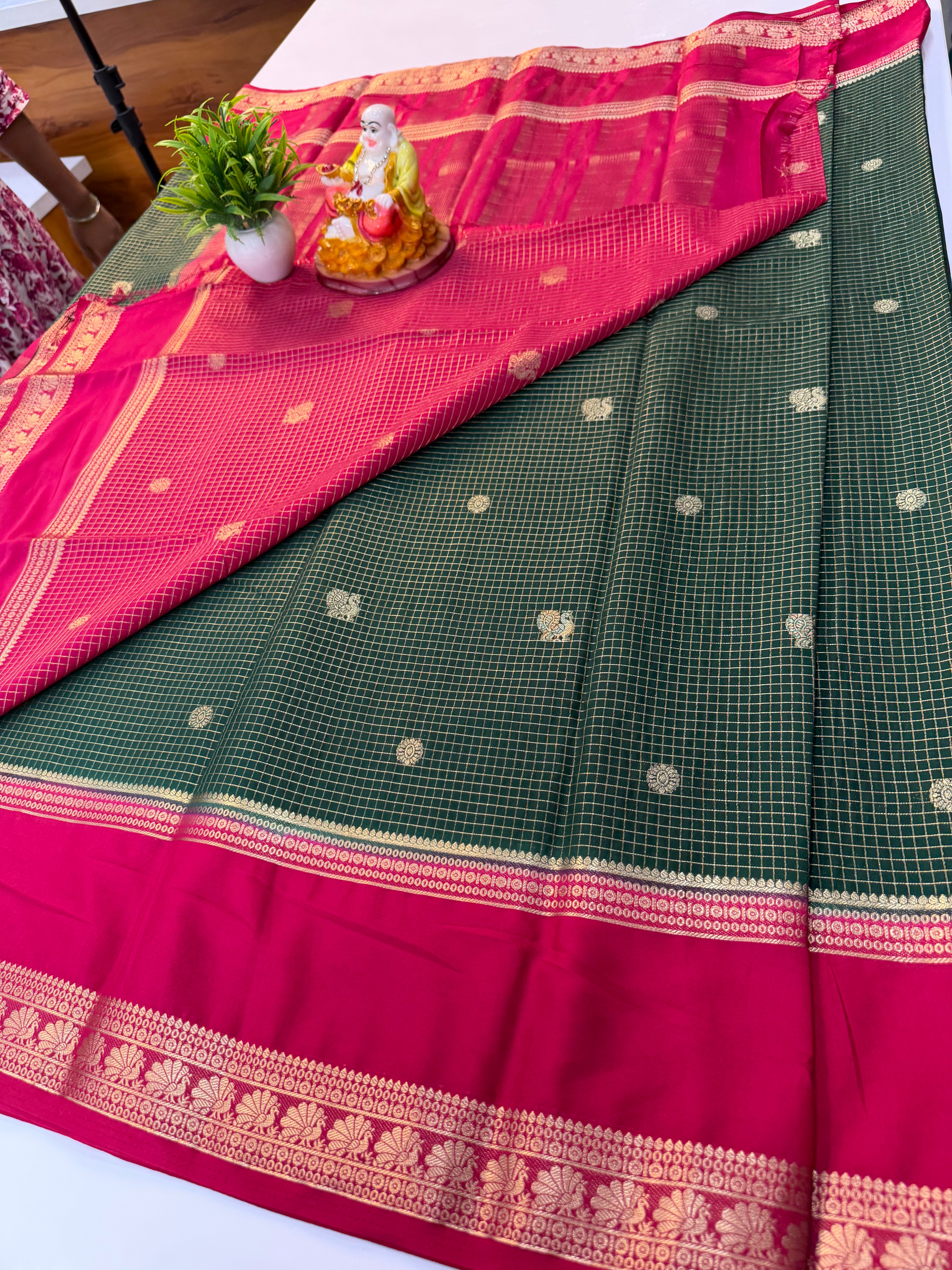 Premium Mysore Crepe Silk Saree with Beautiful Checks & Peacock Buttas | Contrast Blouse