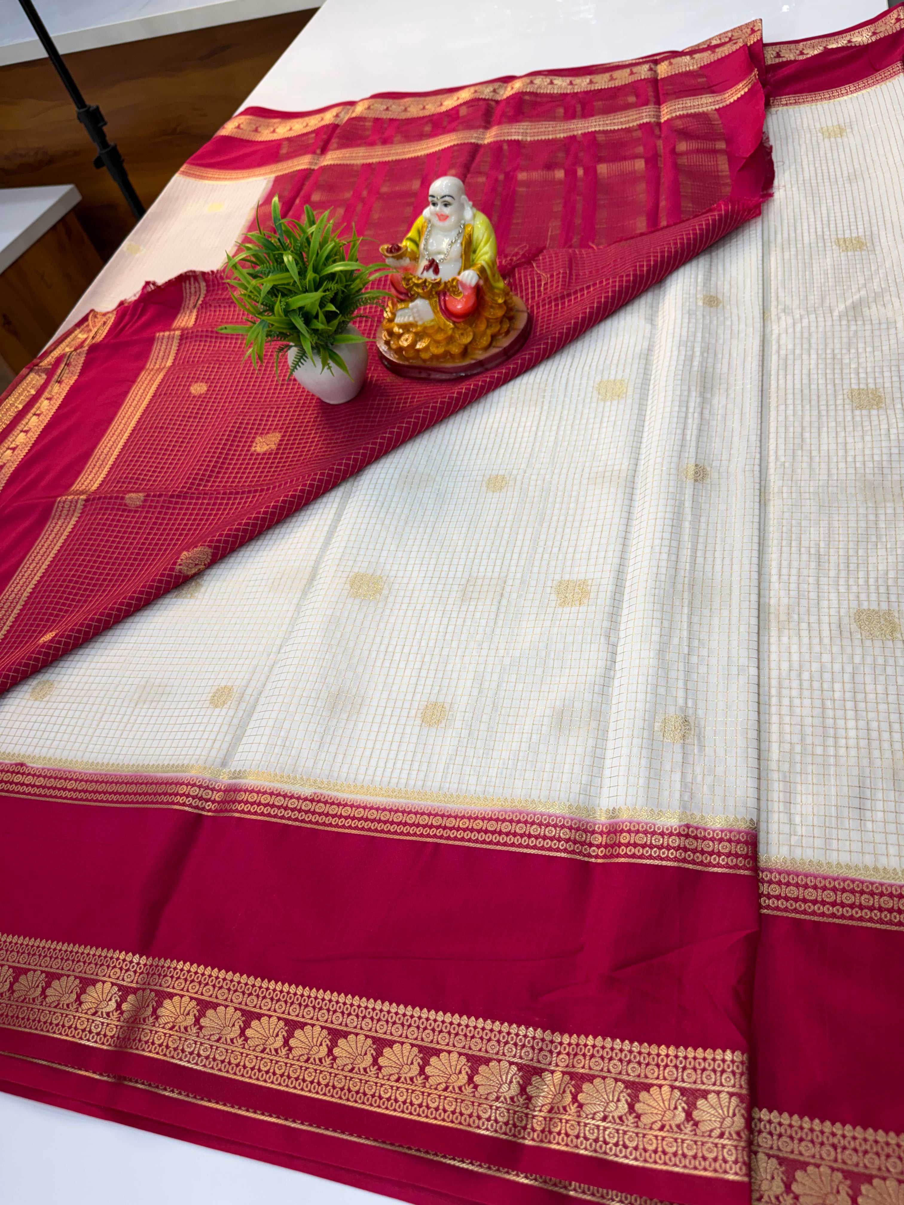 Premium Mysore Crepe Silk Saree with Beautiful Checks & Peacock Buttas | Contrast Blouse