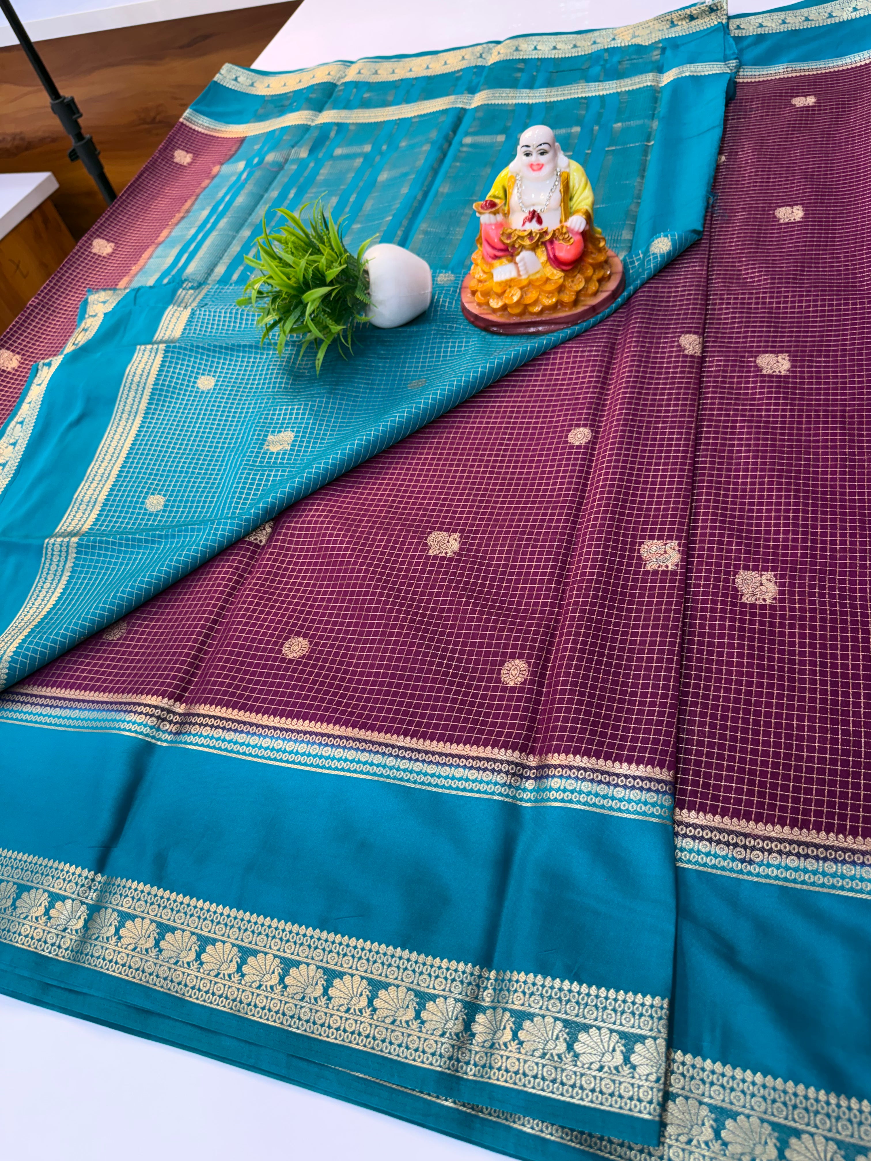 Premium Mysore Crepe Silk Saree with Beautiful Checks & Peacock Buttas | Contrast Blouse