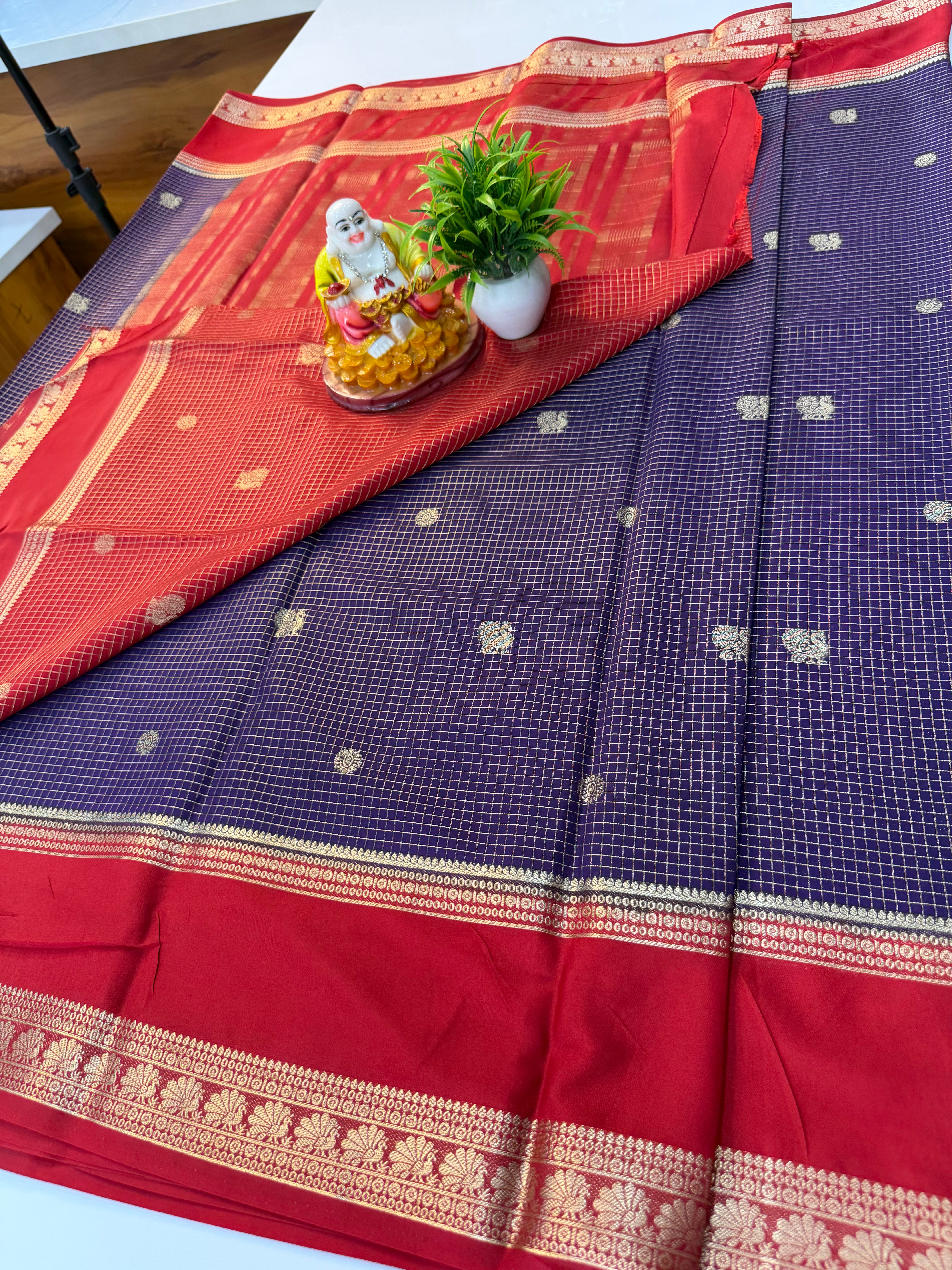 Premium Mysore Crepe Silk Saree with Beautiful Checks & Peacock Buttas | Contrast Blouse