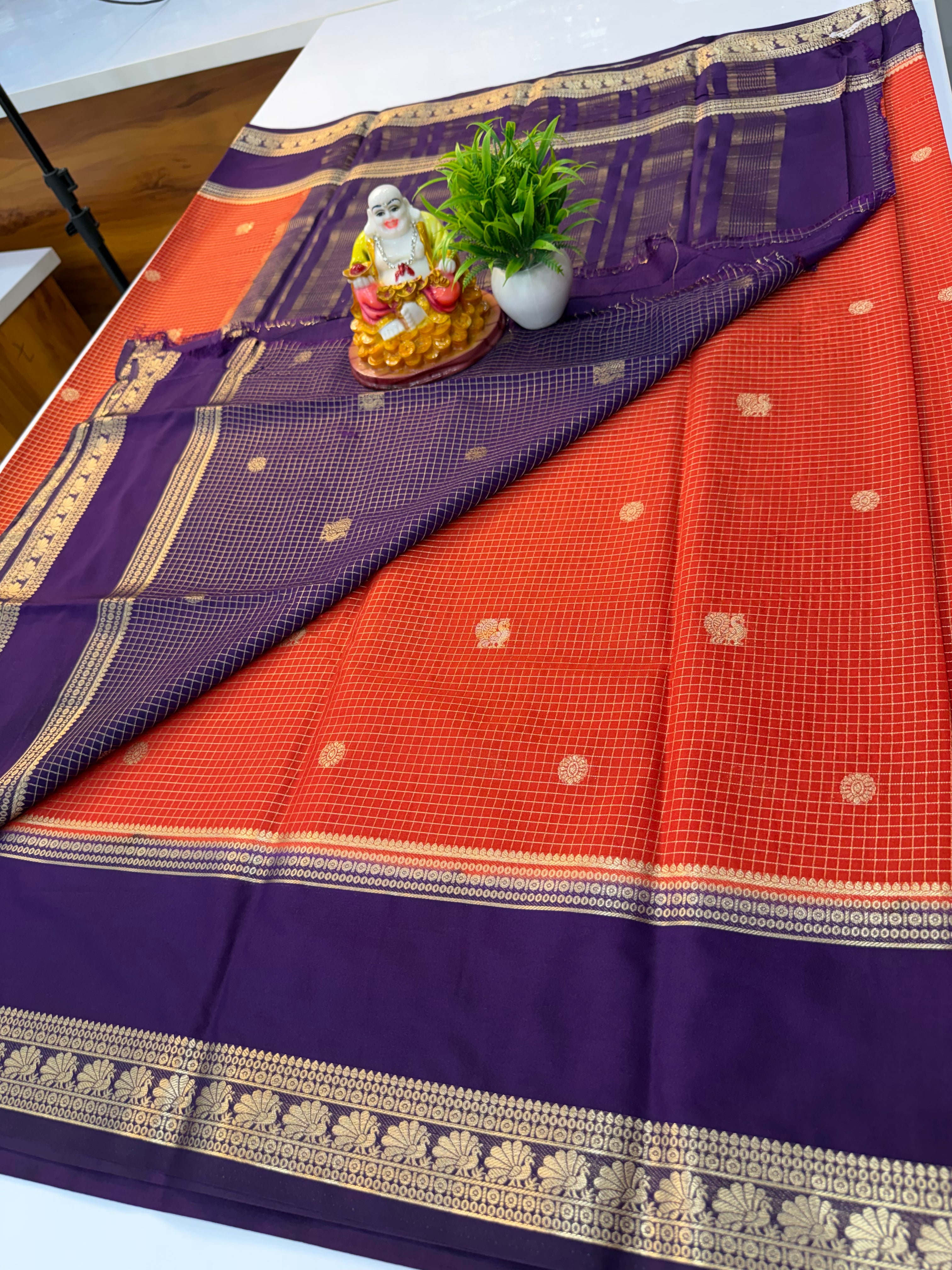 Premium Mysore Crepe Silk Saree with Beautiful Checks & Peacock Buttas | Contrast Blouse