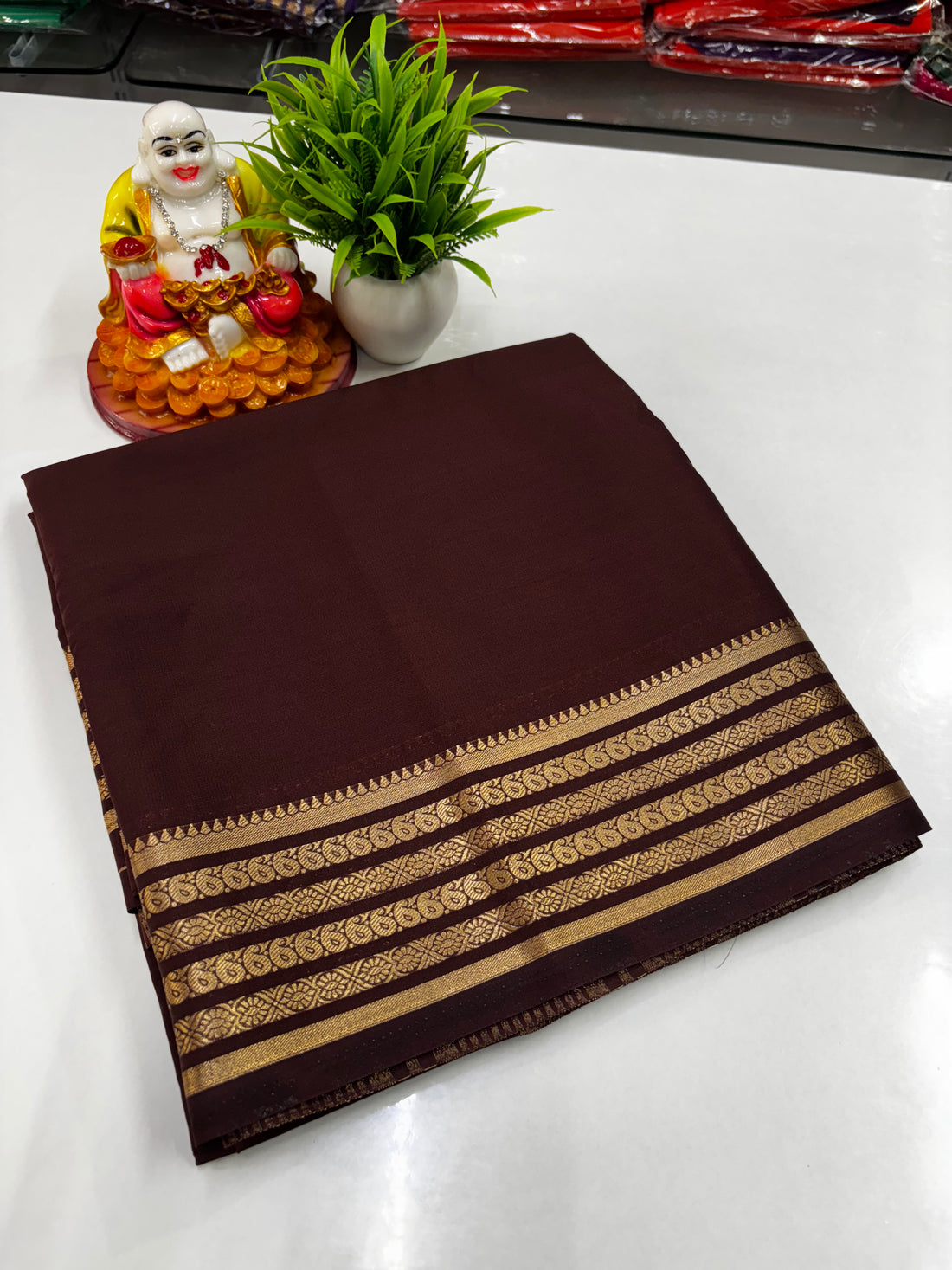 Mysore Crepe Silk Saree with Elegant Mango Border & Golden Zari | Padmavathi Silks & Sarees