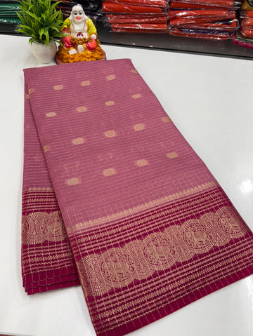 Mysore Crepe Silk Saree with Elegant Elephant Theme, Checks & Buttas with Rich Pallu