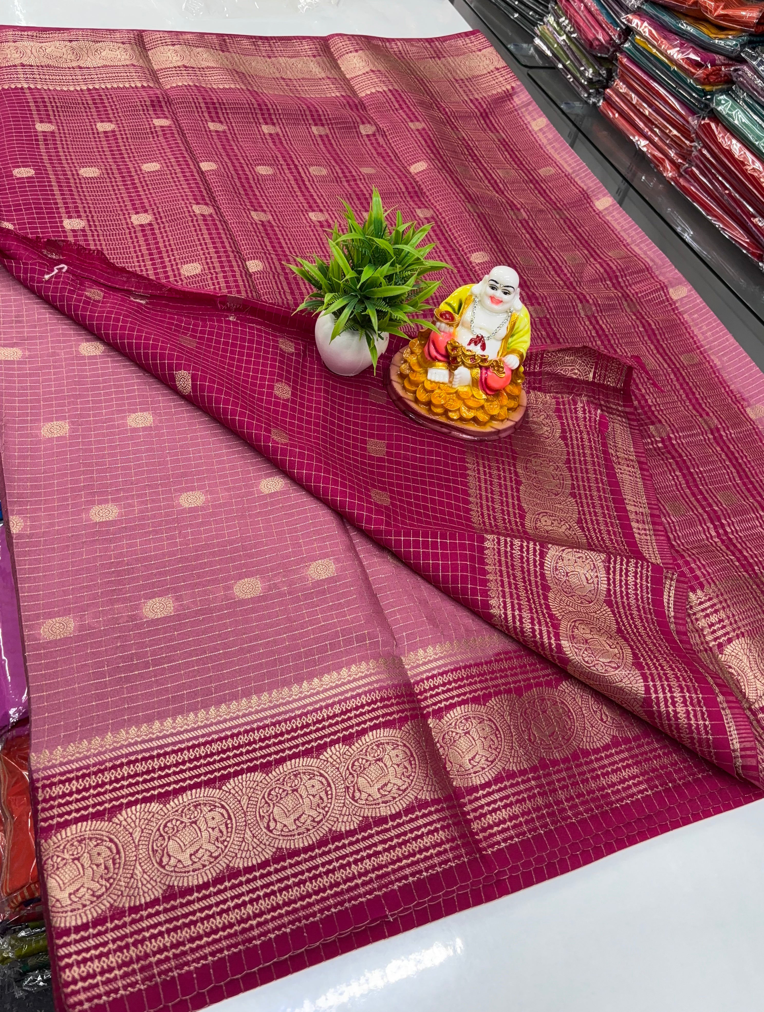 Mysore Crepe Silk Saree with Elegant Elephant Theme, Checks & Buttas with Rich Pallu