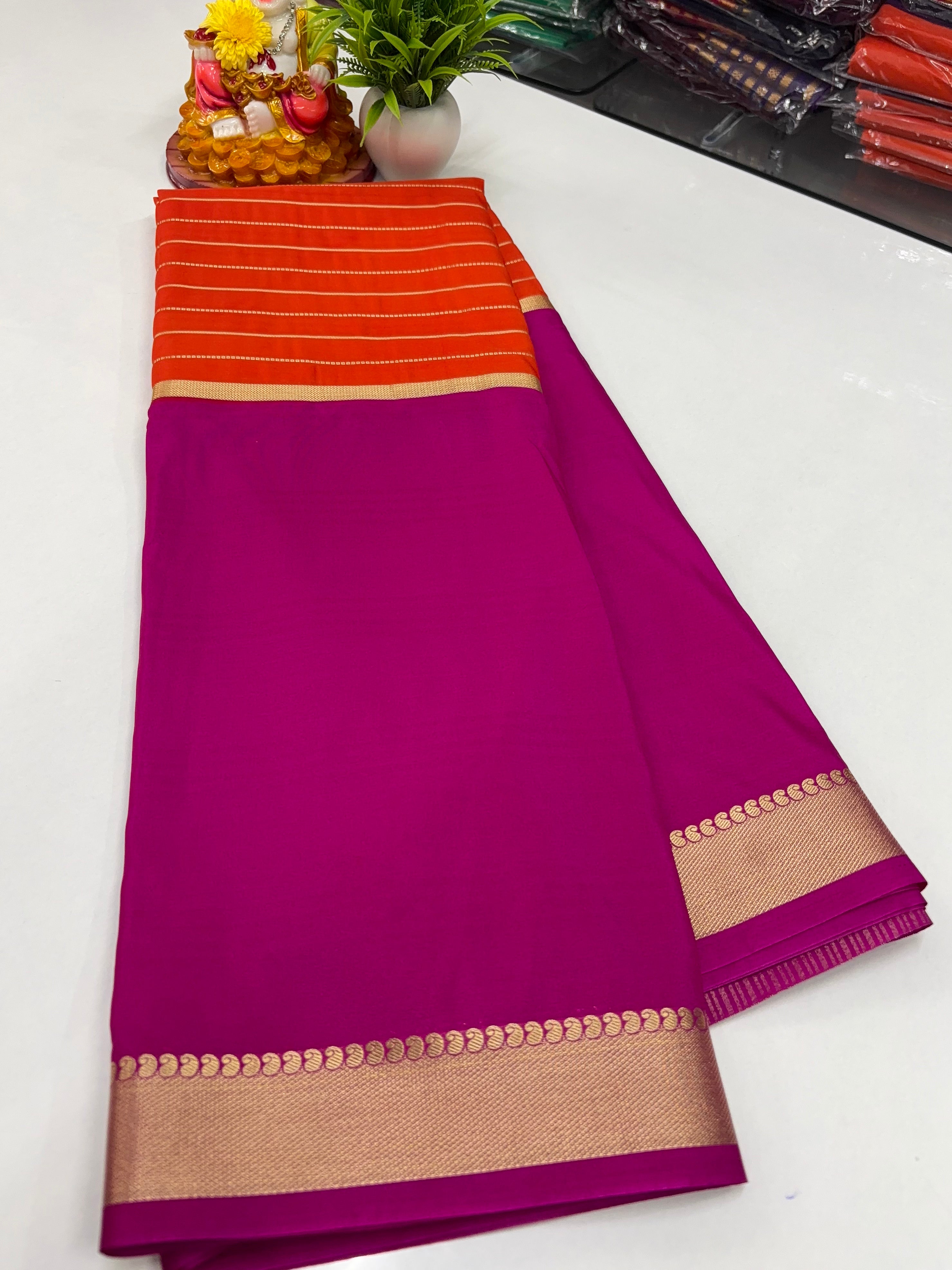 2D Semi Crepe Saree with Stripes and Contrast Colors – Padmavathi Silks and Sarees