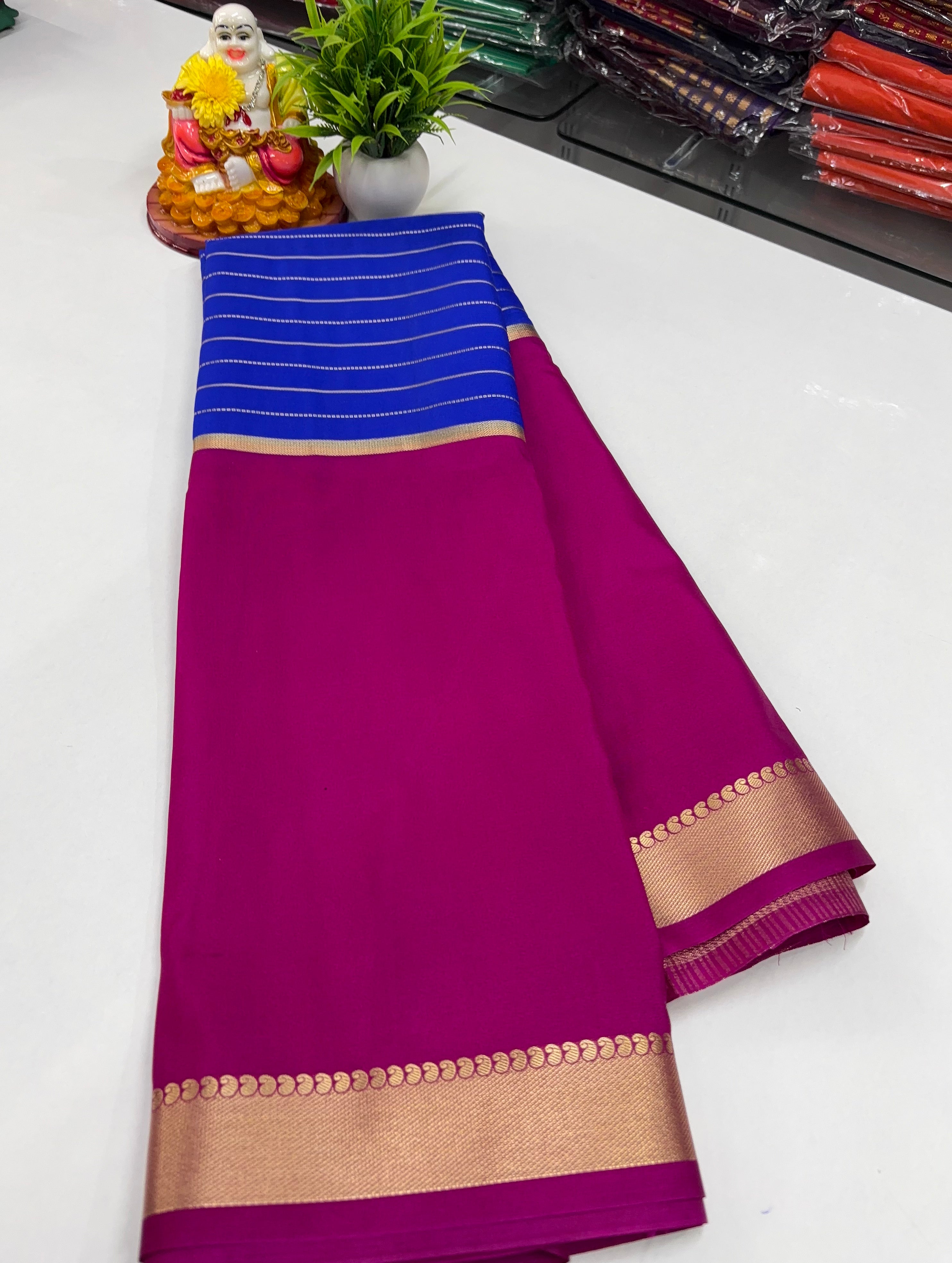 2D Semi Crepe Saree with Stripes and Contrast Colors – Padmavathi Silks and Sarees