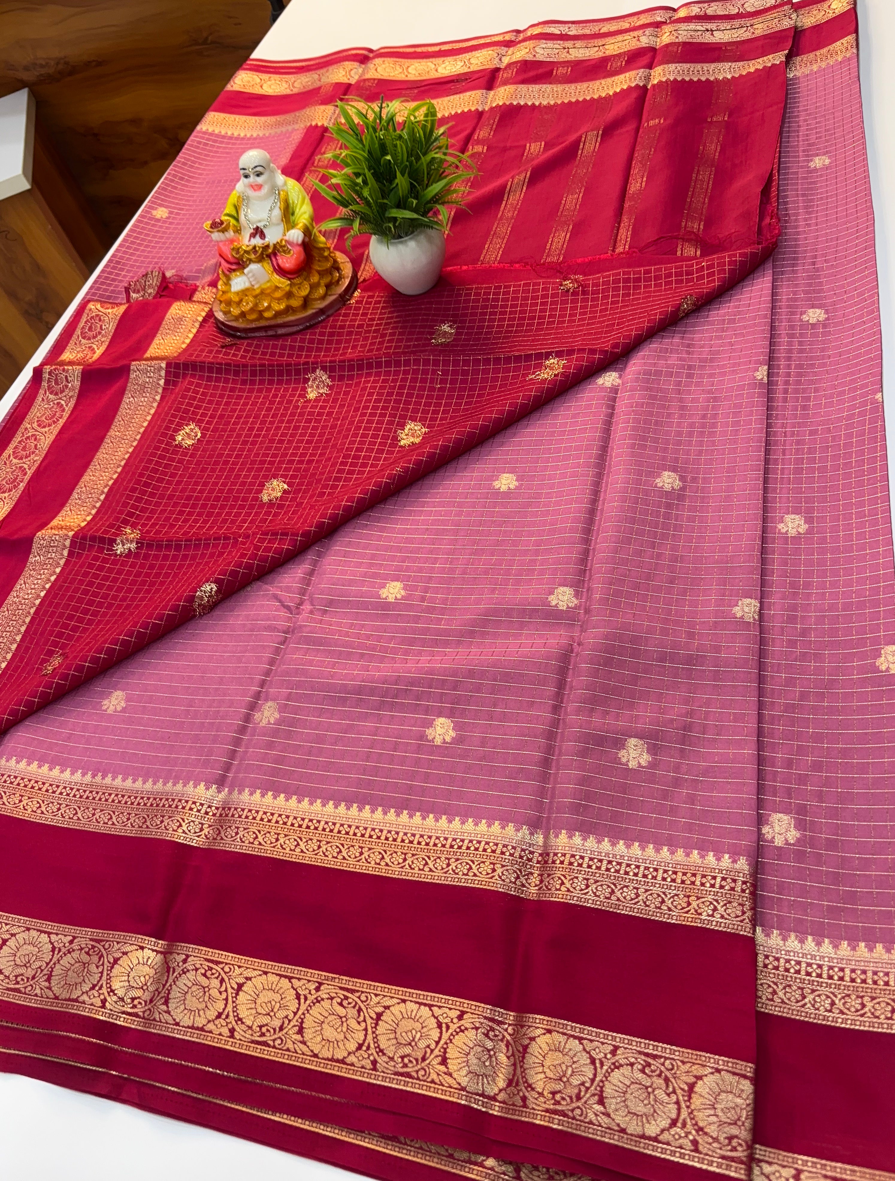 Premium Mysore Crepe Silk Saree with Chex Pattern & Buttas