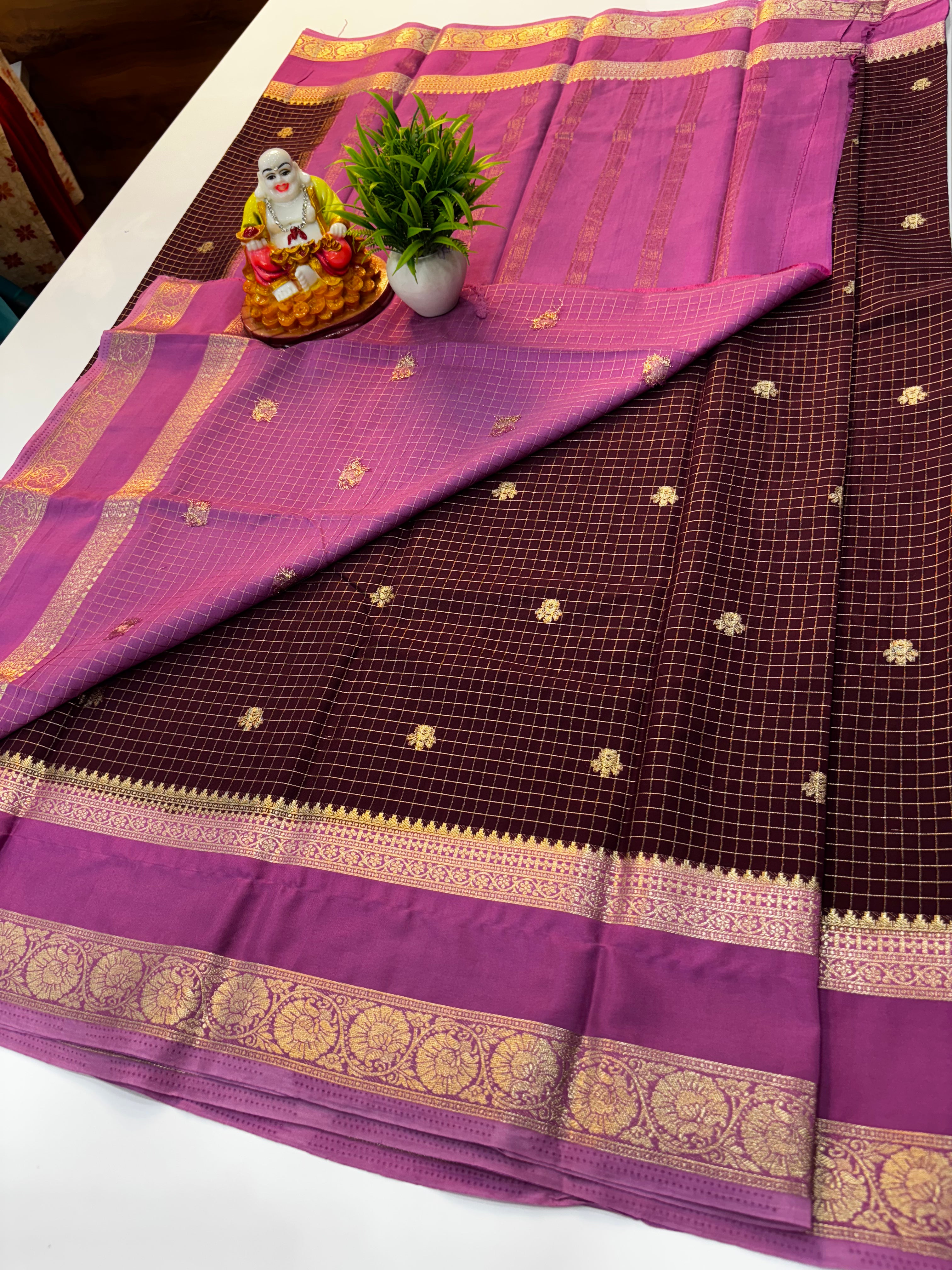 Premium Mysore Crepe Silk Saree with Chex Pattern & Buttas