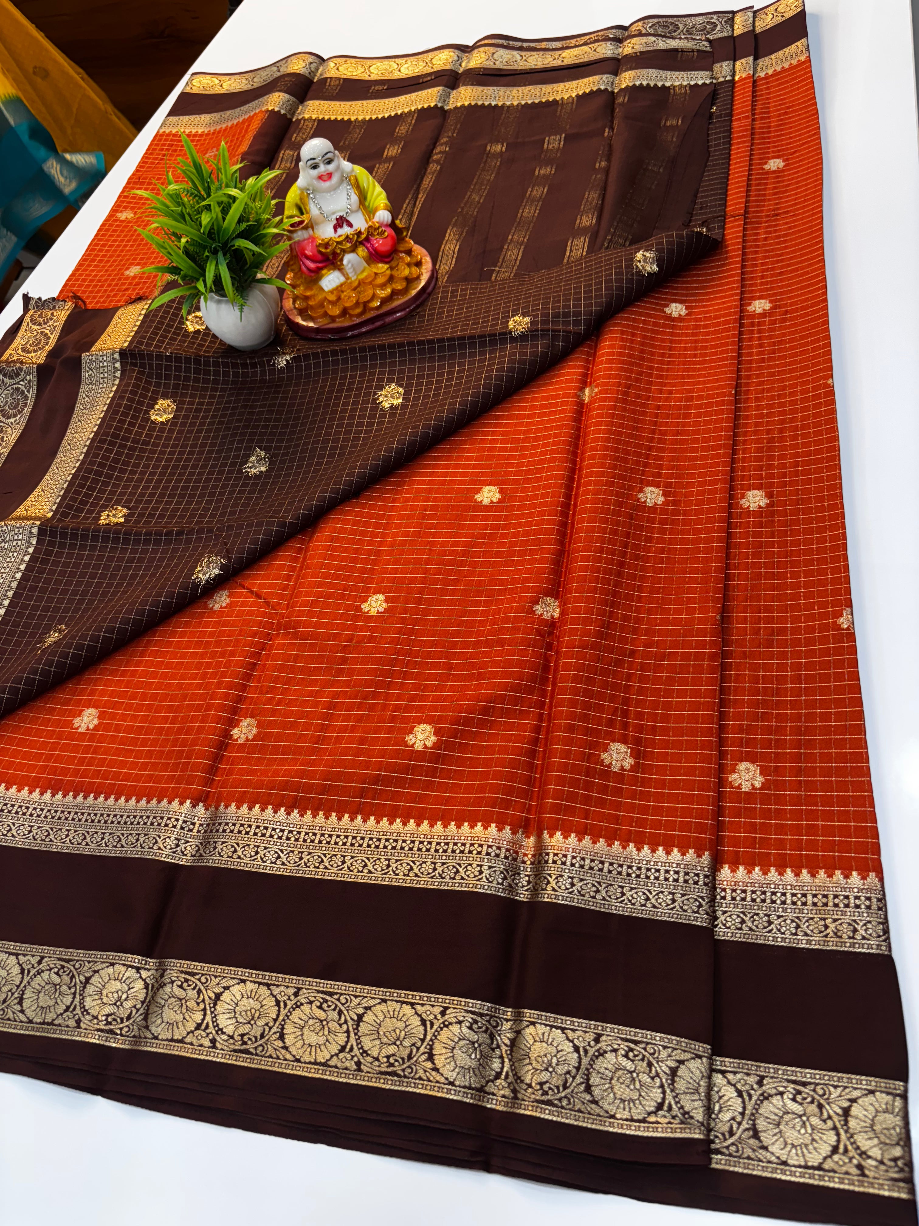 Premium Mysore Crepe Silk Saree with Chex Pattern & Buttas