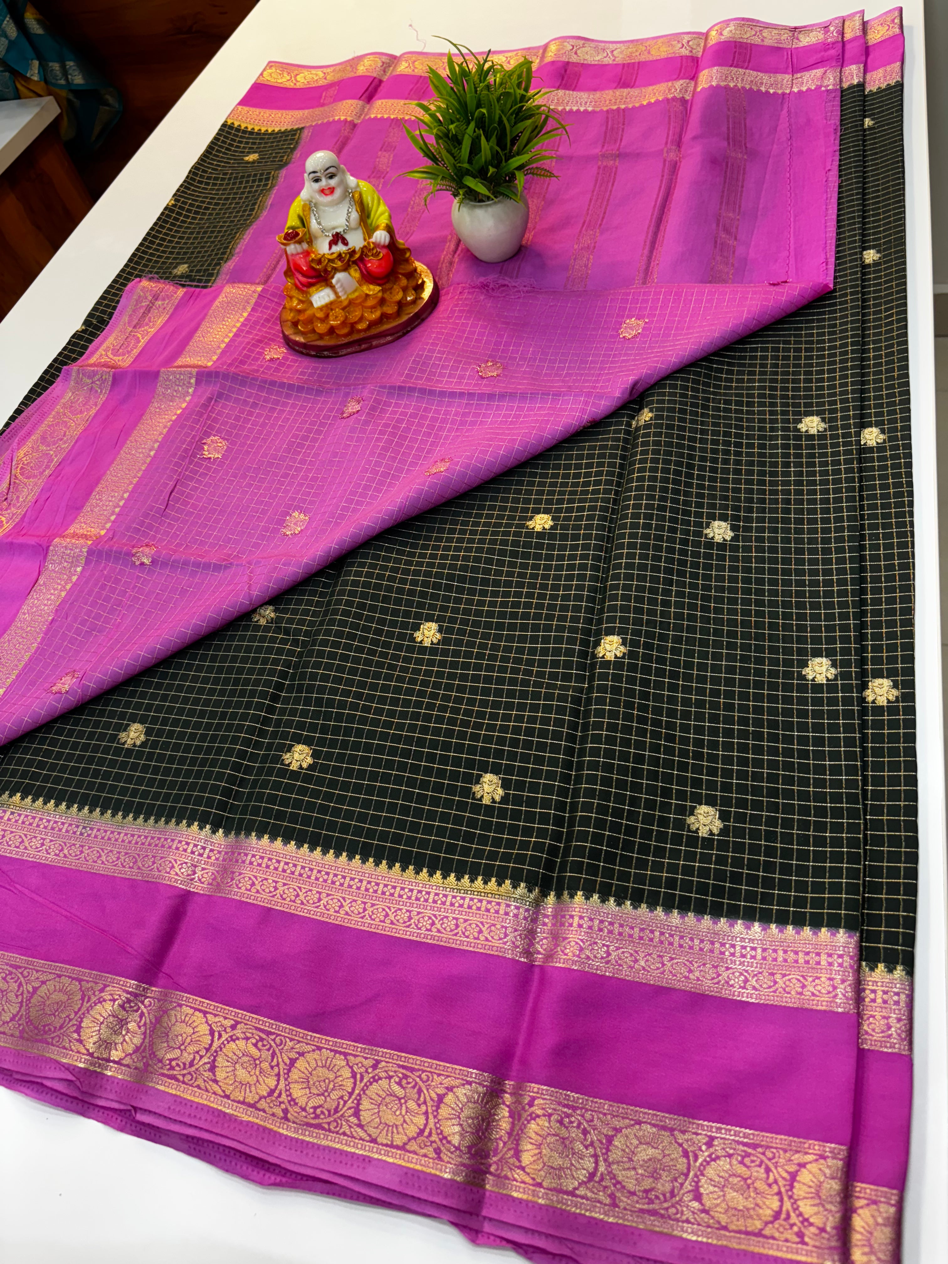 Premium Mysore Crepe Silk Saree with Chex Pattern & Buttas