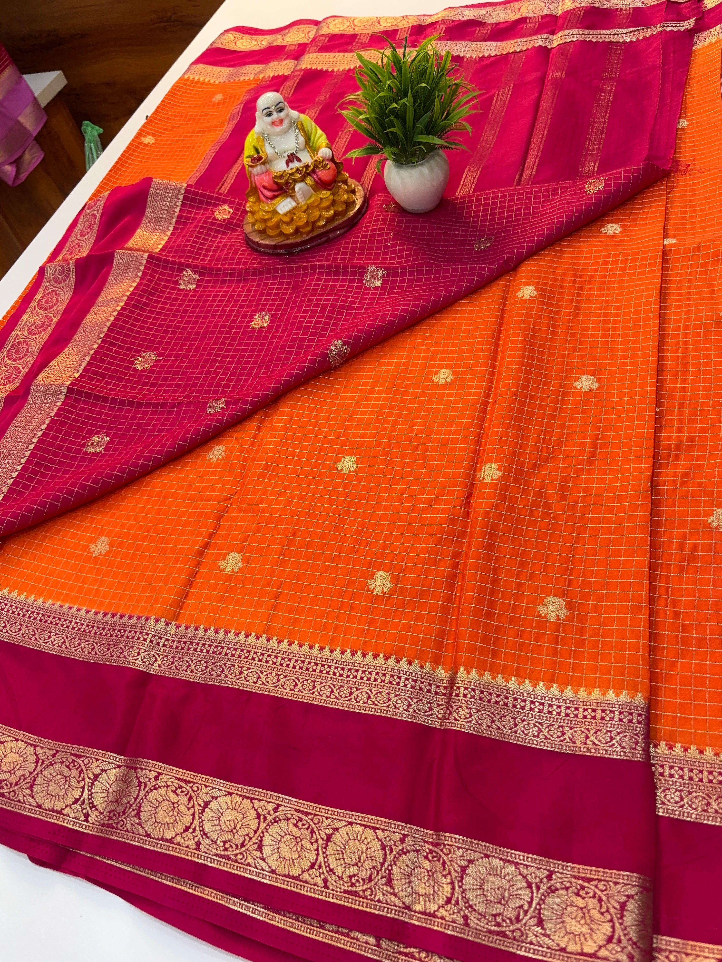 Premium Mysore Crepe Silk Saree with Chex Pattern & Buttas